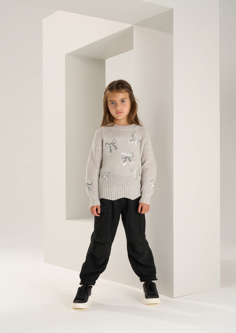 Girls Sequins Bow Embellished Grey Sweaters
