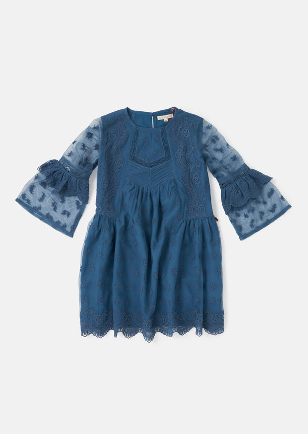 Girls Blue Floral Embroidered Lace Premium Dress