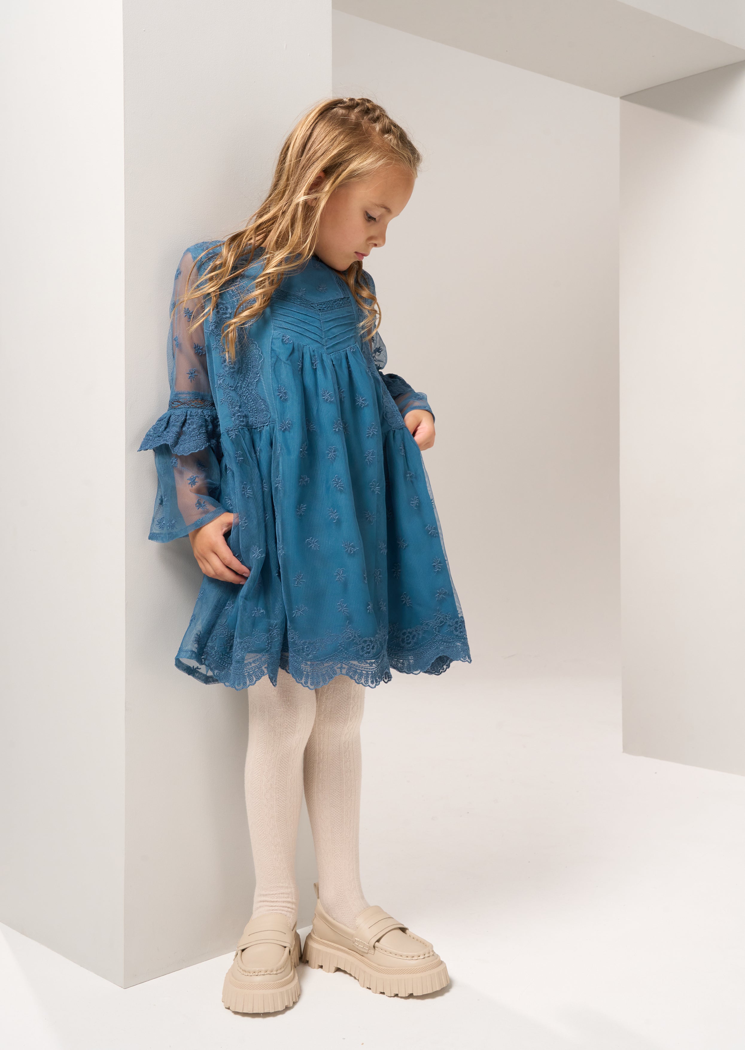 Girls Blue Floral Embroidered Lace Premium Dress