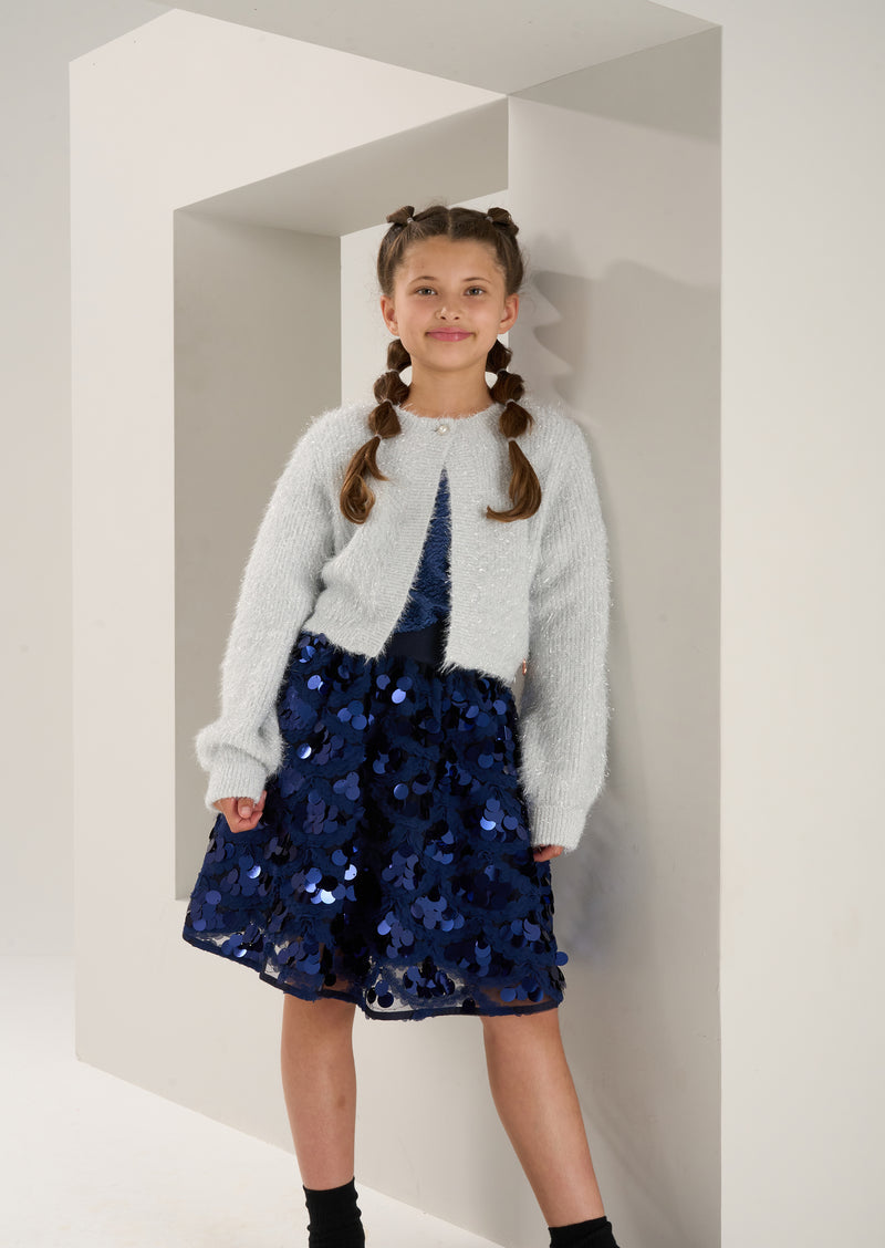 Girls Self Textured Silver Lurex Sweaters
