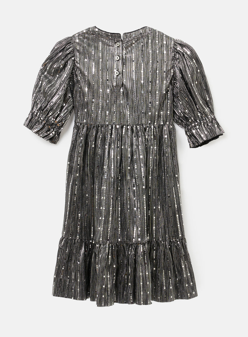 Girls Plisse Sequin Embellished Woven Grey Dress