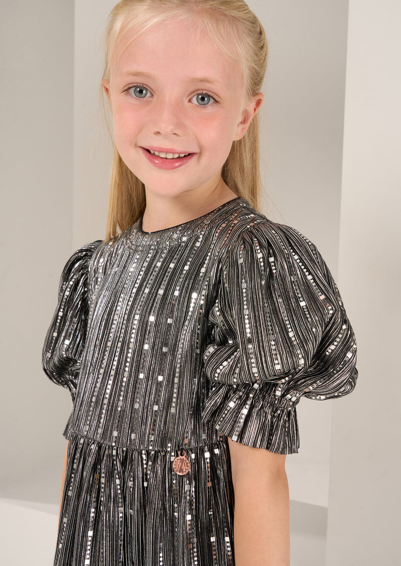 Girls Plisse Sequin Embellished Woven Grey Dress