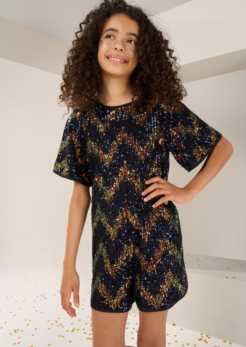 Girls Navy and Gold Sequins Embellished Playsuit