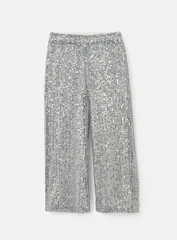 Girls Sequins Embellished Wide Leg Grey Trousers