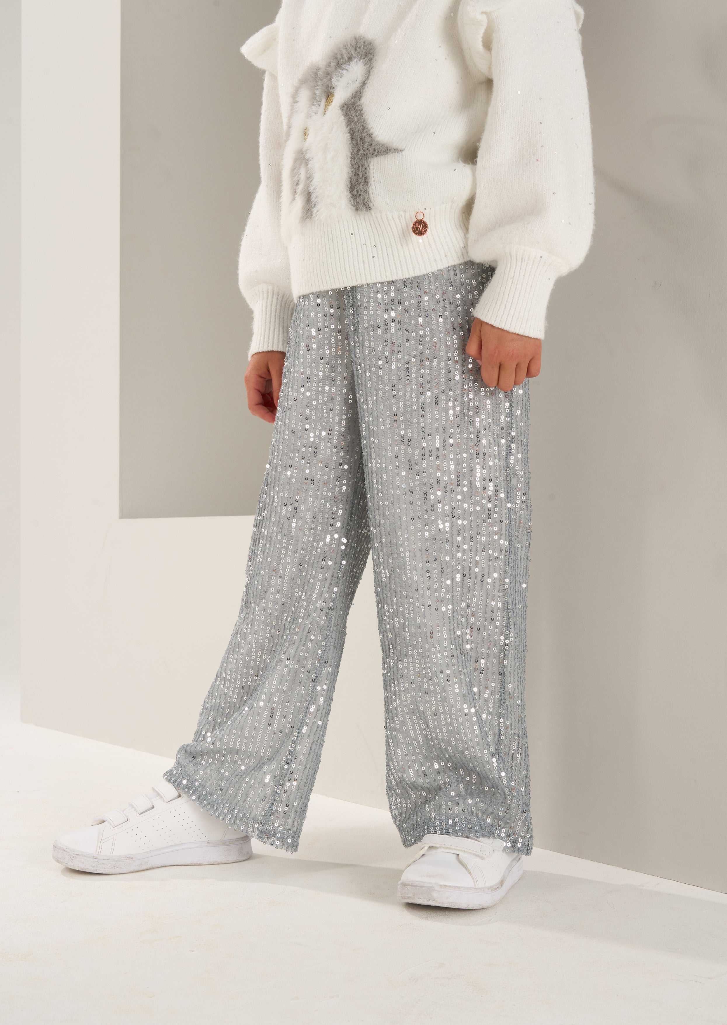 Girls Sequin Embellished Wide Leg Grey Trousers
