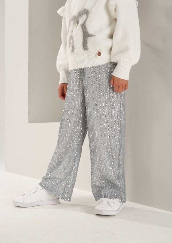 Girls Sequins Embellished Wide Leg Grey Trousers