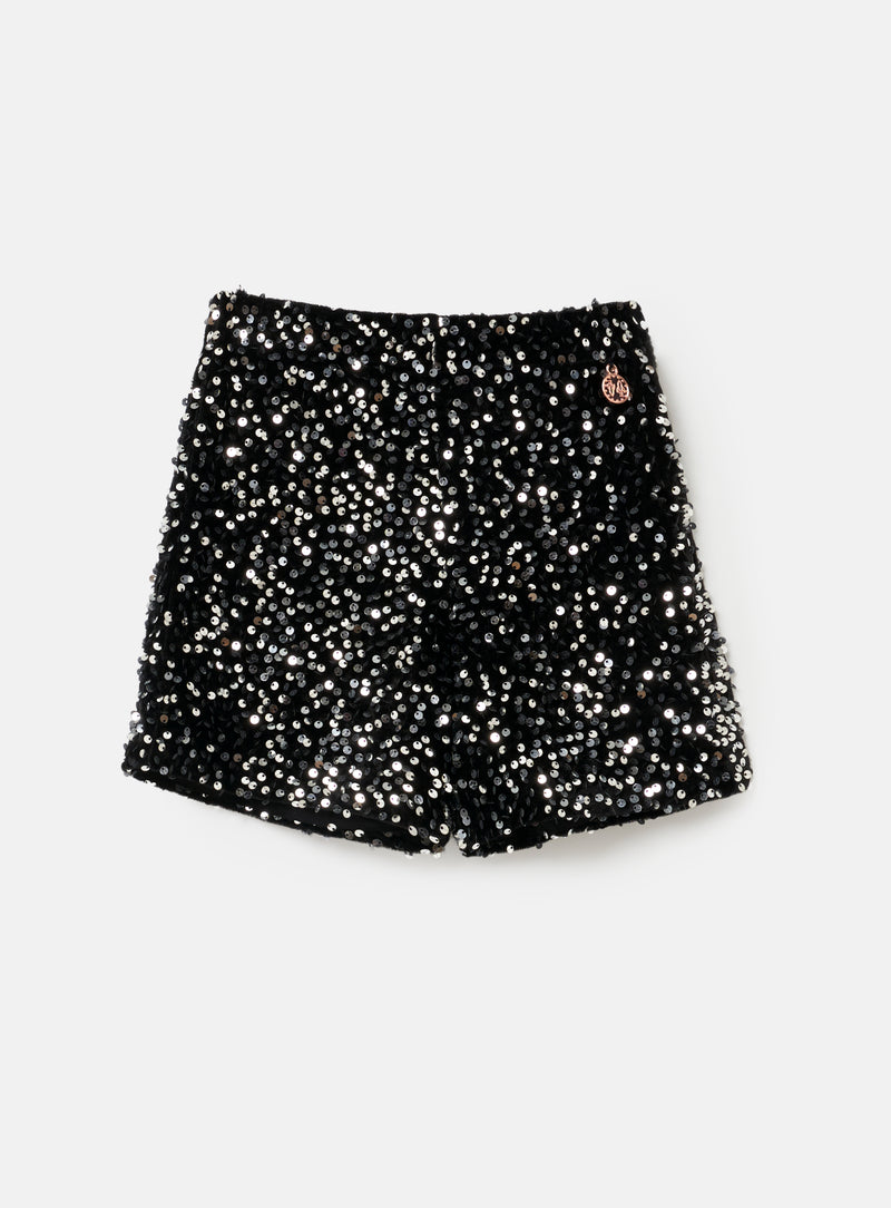 Girls Sequins Embellished Black Velvet Shorts