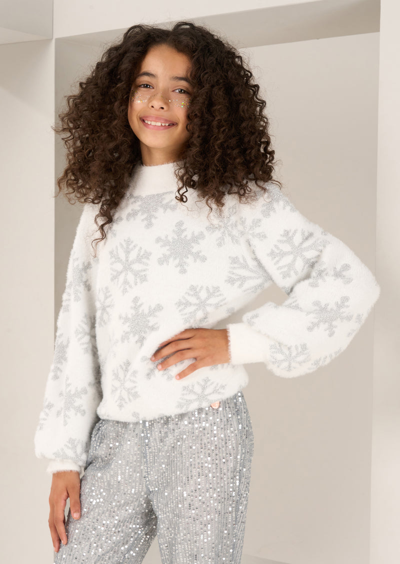 Girls Lurex Snowflake Eyelash White Sweater