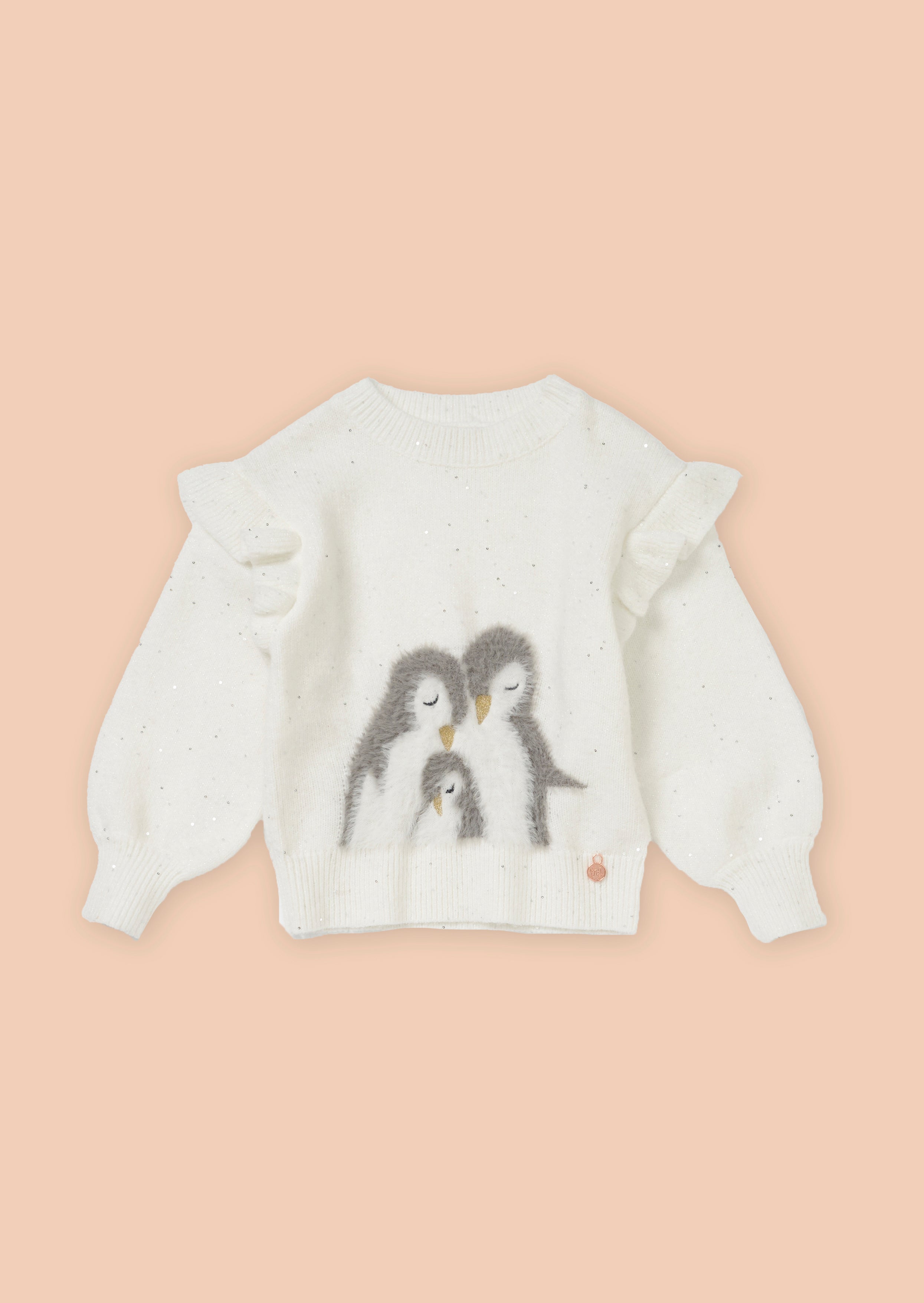 Girls Sequin and Penguin Printed White Sweater