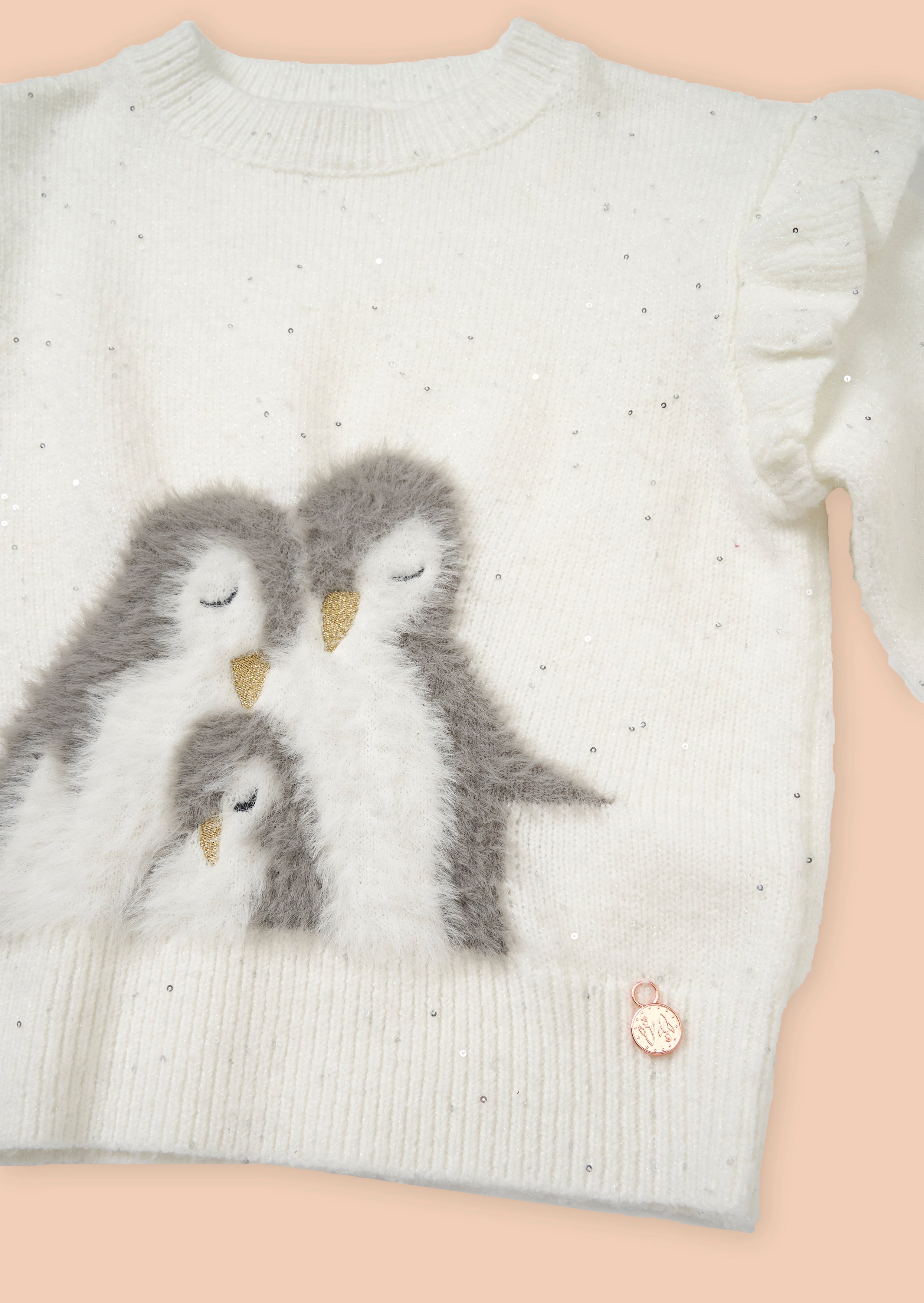 Girls Sequin and Penguin Printed White Sweater