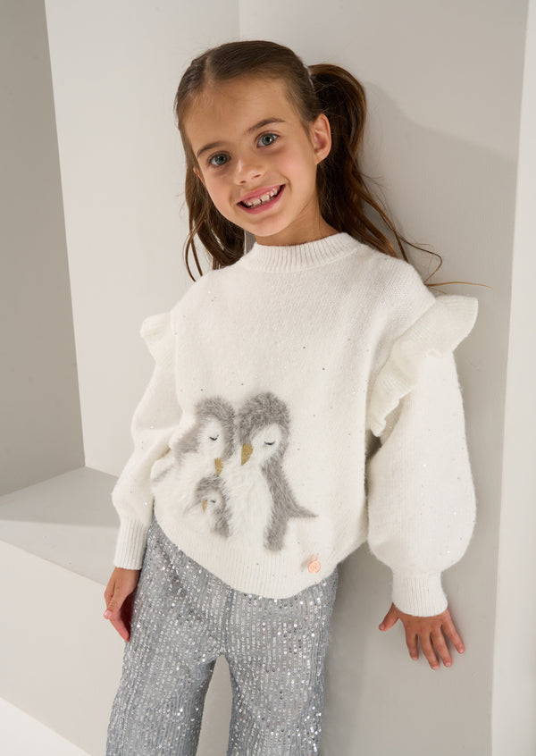 Girls Sequins and Penguin Printed White Sweater