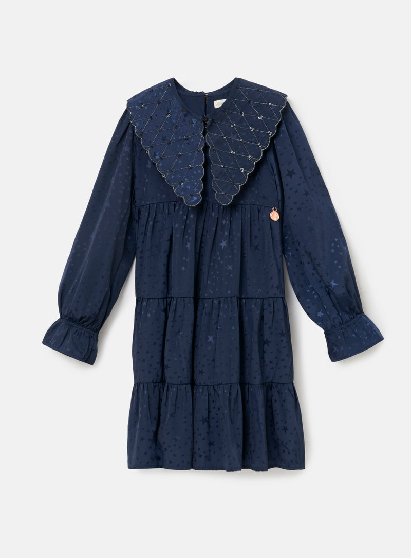 Girls Self Textured Navy Jacquard Star Premium Dresses