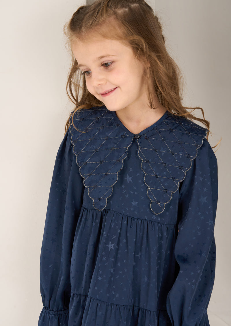 Girls Self Textured Navy Jacquard Star Premium Dresses