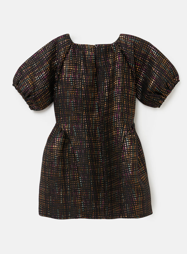 Girls Woven Black Sequin Dress with Puff Sleeves