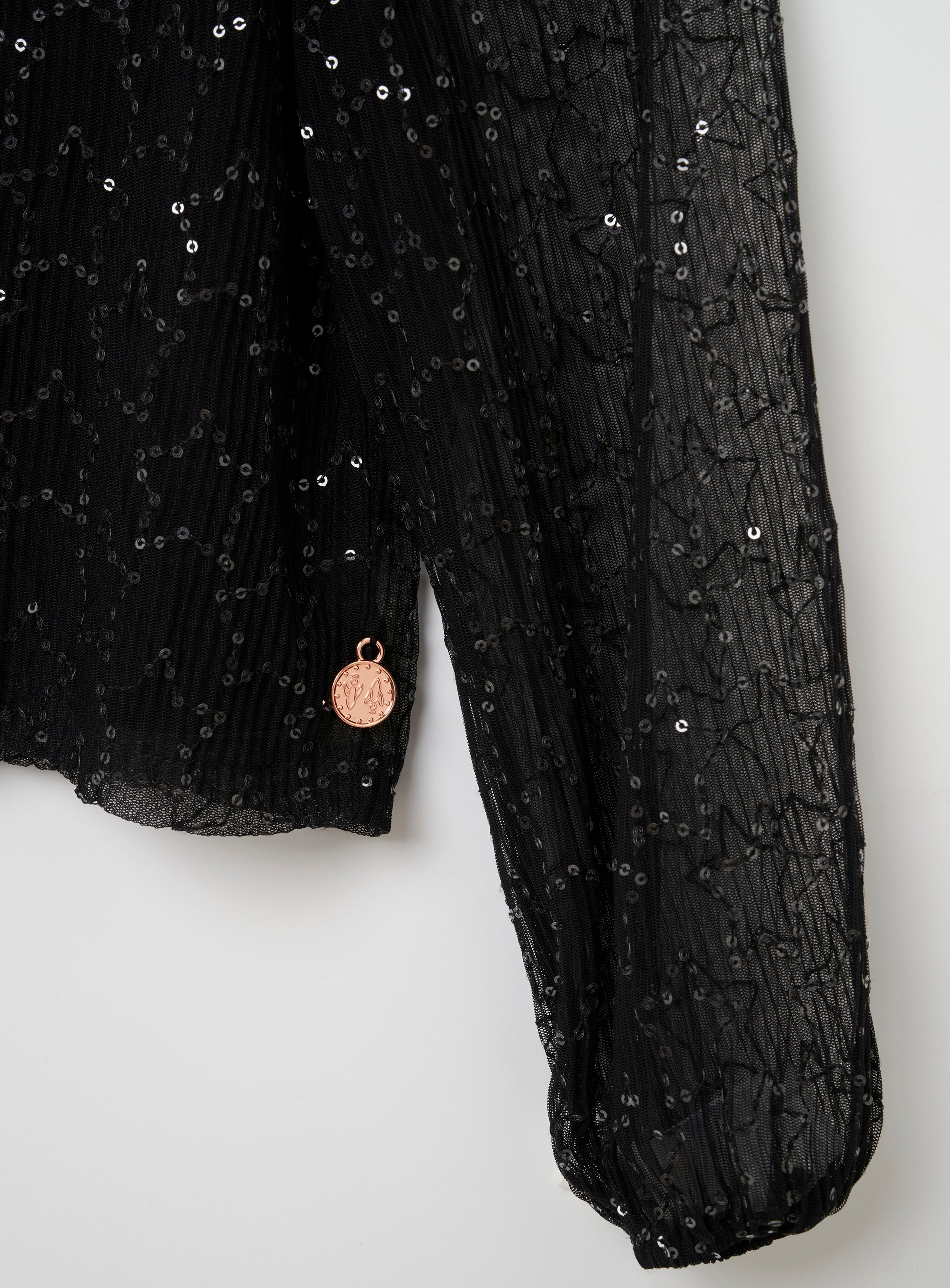 Girls Star Sequin Embellished Black Top with Cuff Sleeves