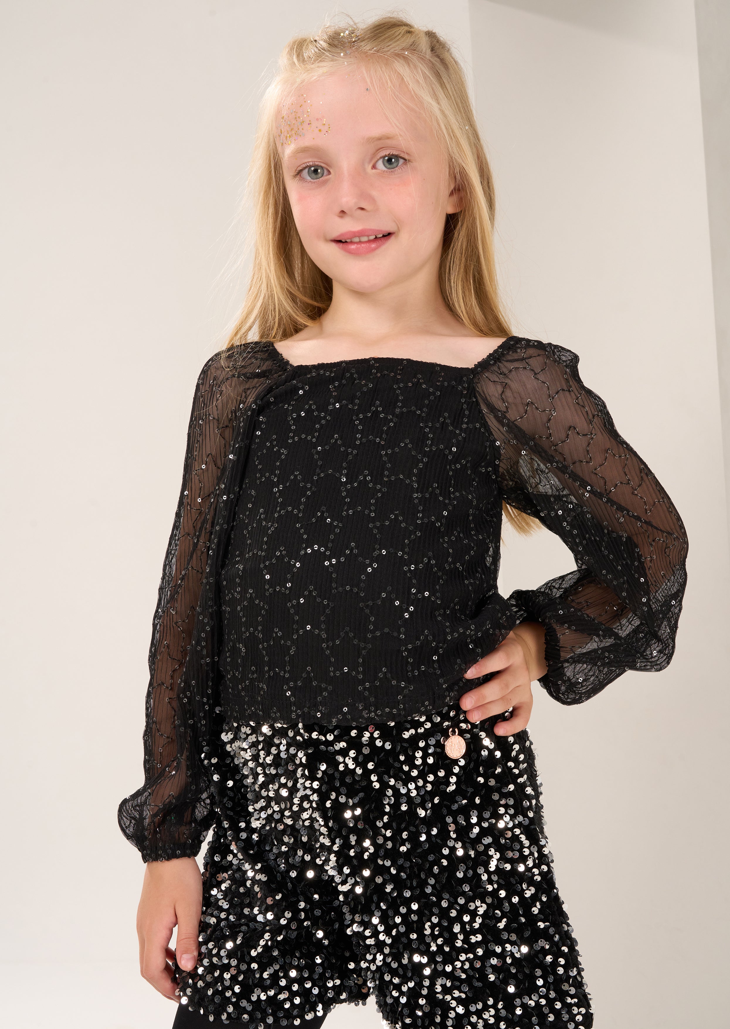Girls Star Sequin Embellished Black Top with Cuff Sleeves