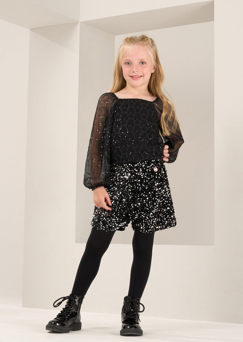 Girls Star Sequins Embellished Black Top with Cuff Sleeve