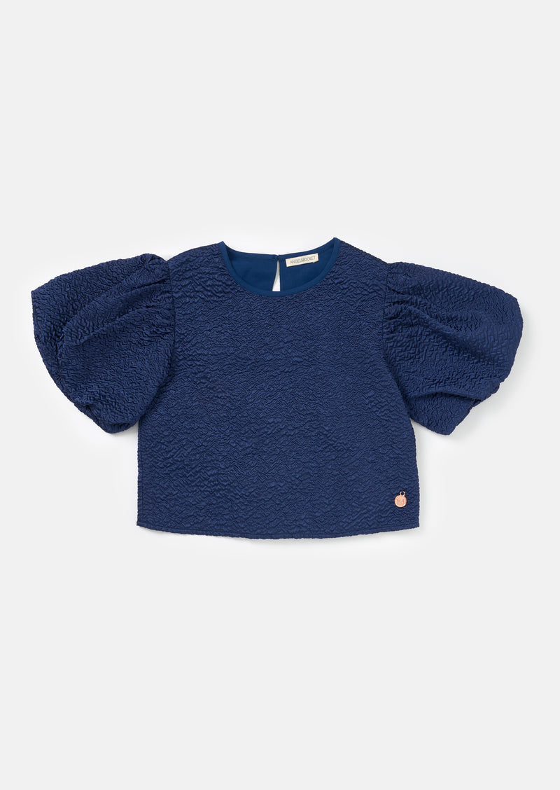 Girls Self Textured Navy Top with Puff Sleeves