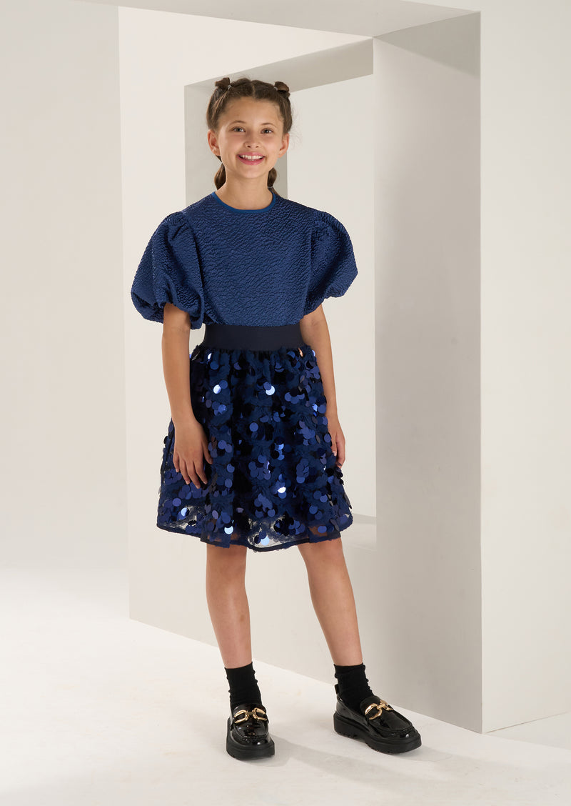 Girls Self Textured Navy Top with Puff Sleeves
