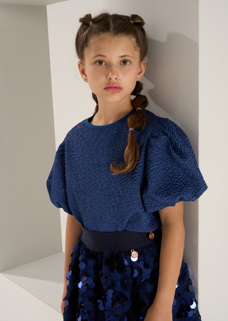 Girls Self Textured Navy Top with Puff Sleeves