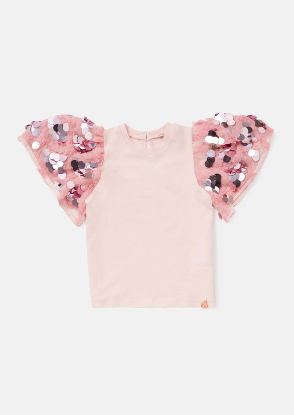 Girls Solid Pink Top with Sequins Embellished Sleeves