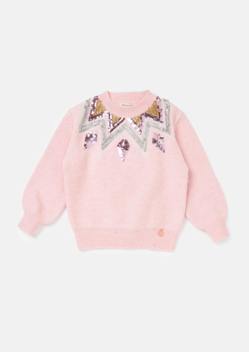 Girls Sequins Embellished Solid Pink Sweater