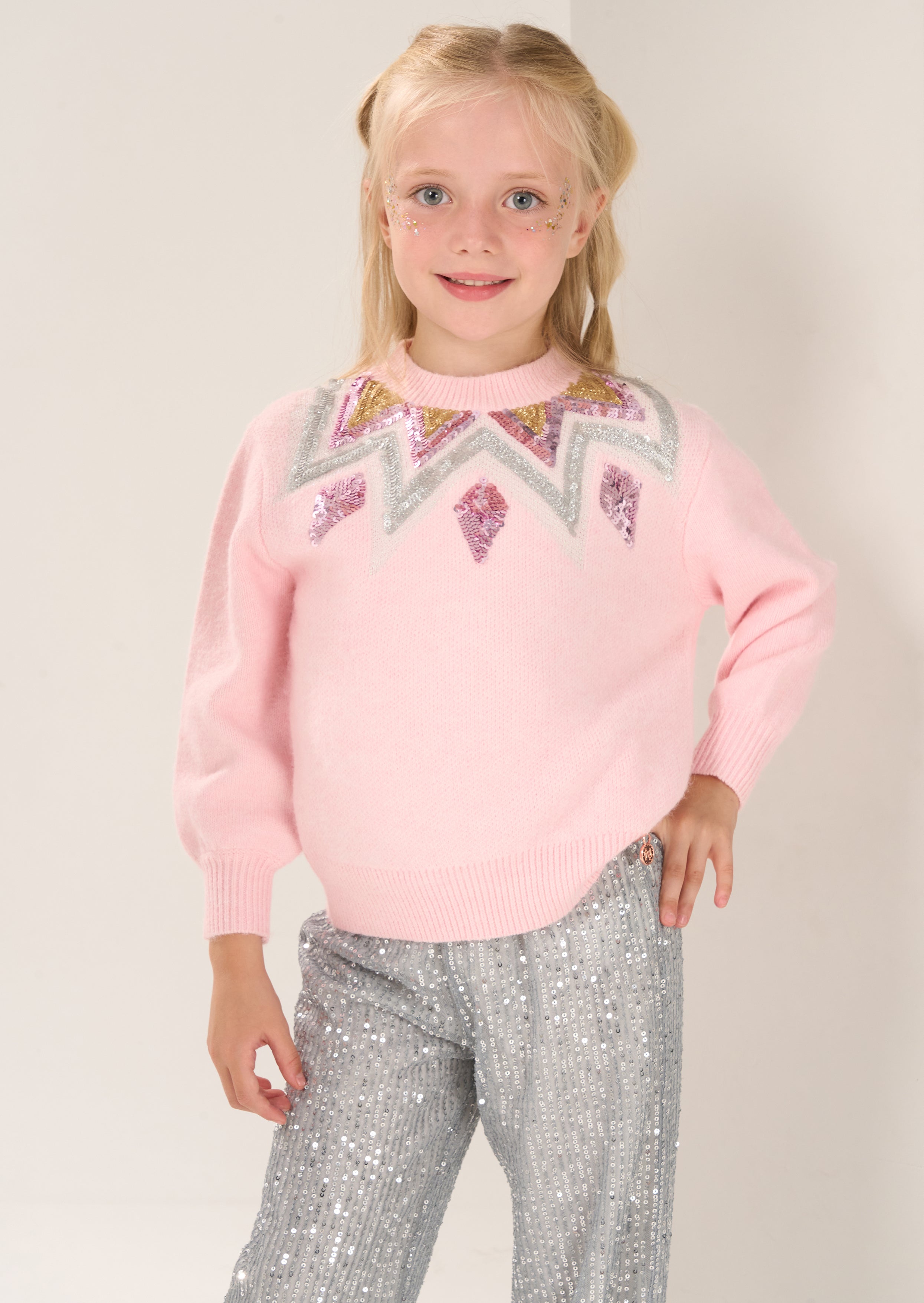 Girls Sequin Embellished Solid Pink Sweater