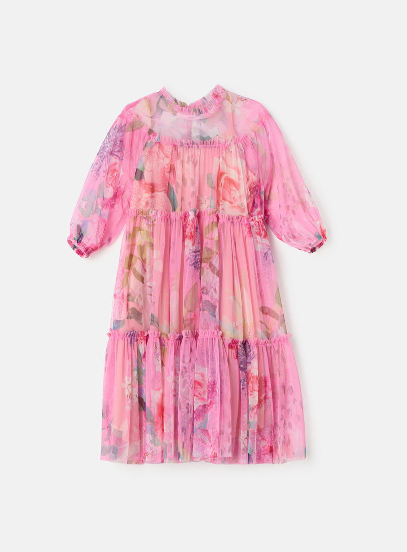 Girls Pink Floral Printed Premium Mesh Dress
