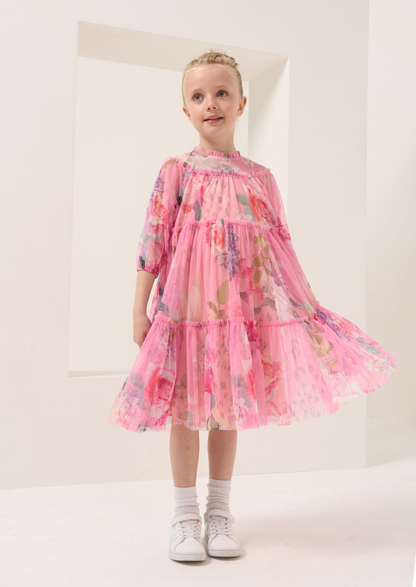 Girls Pink Floral Printed Premium Mesh Dress