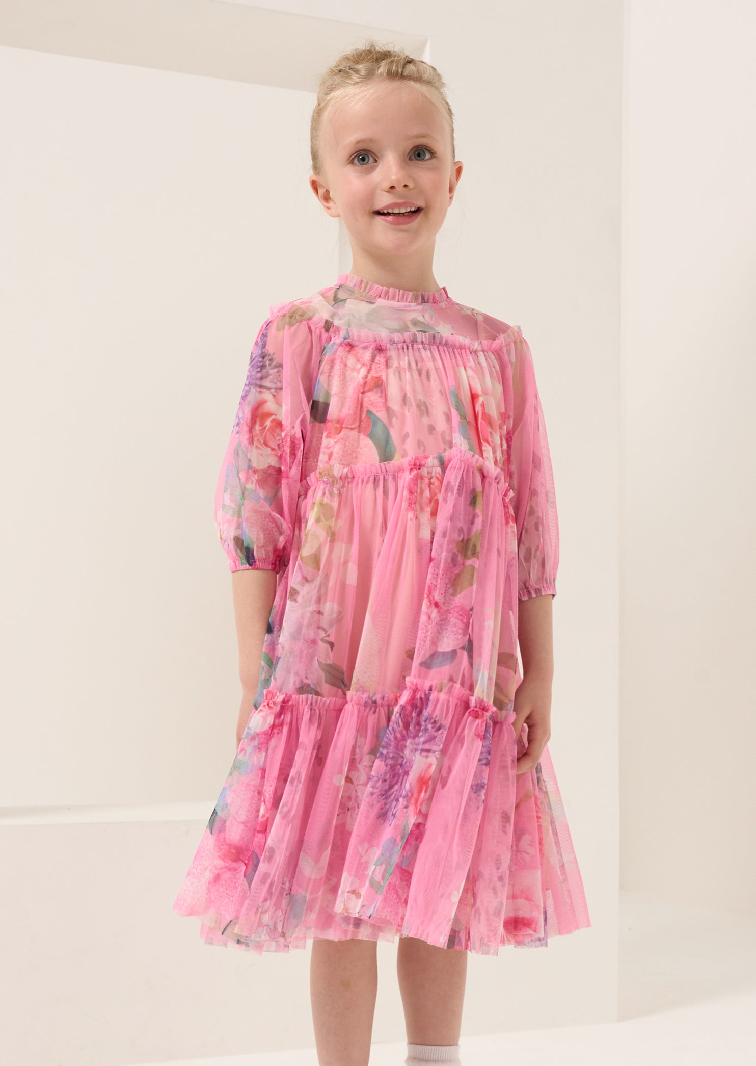 Girls Pink Floral Printed Premium Mesh Dress