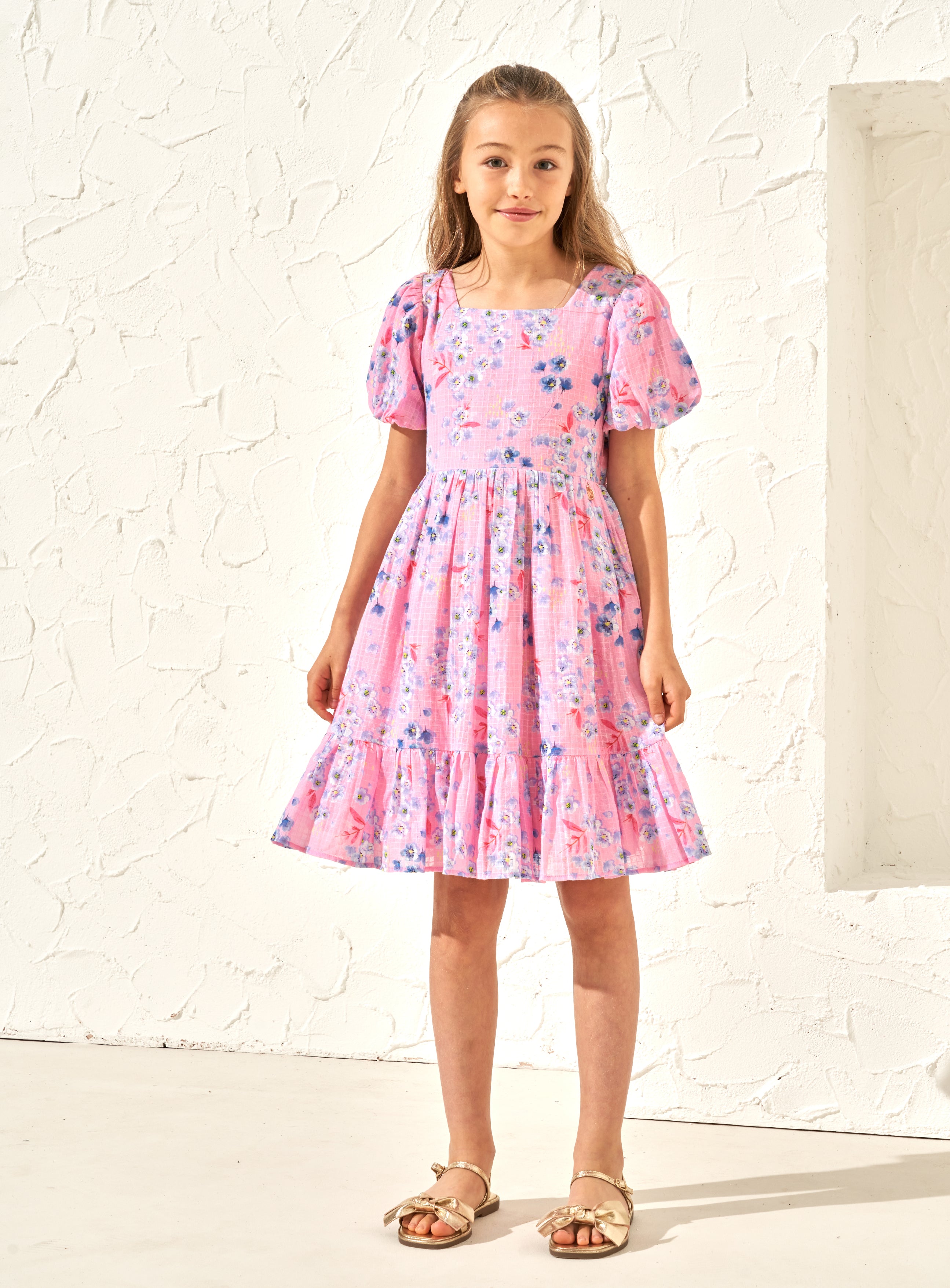 Girls Casual Cotton Pink Dress with Textured Print
