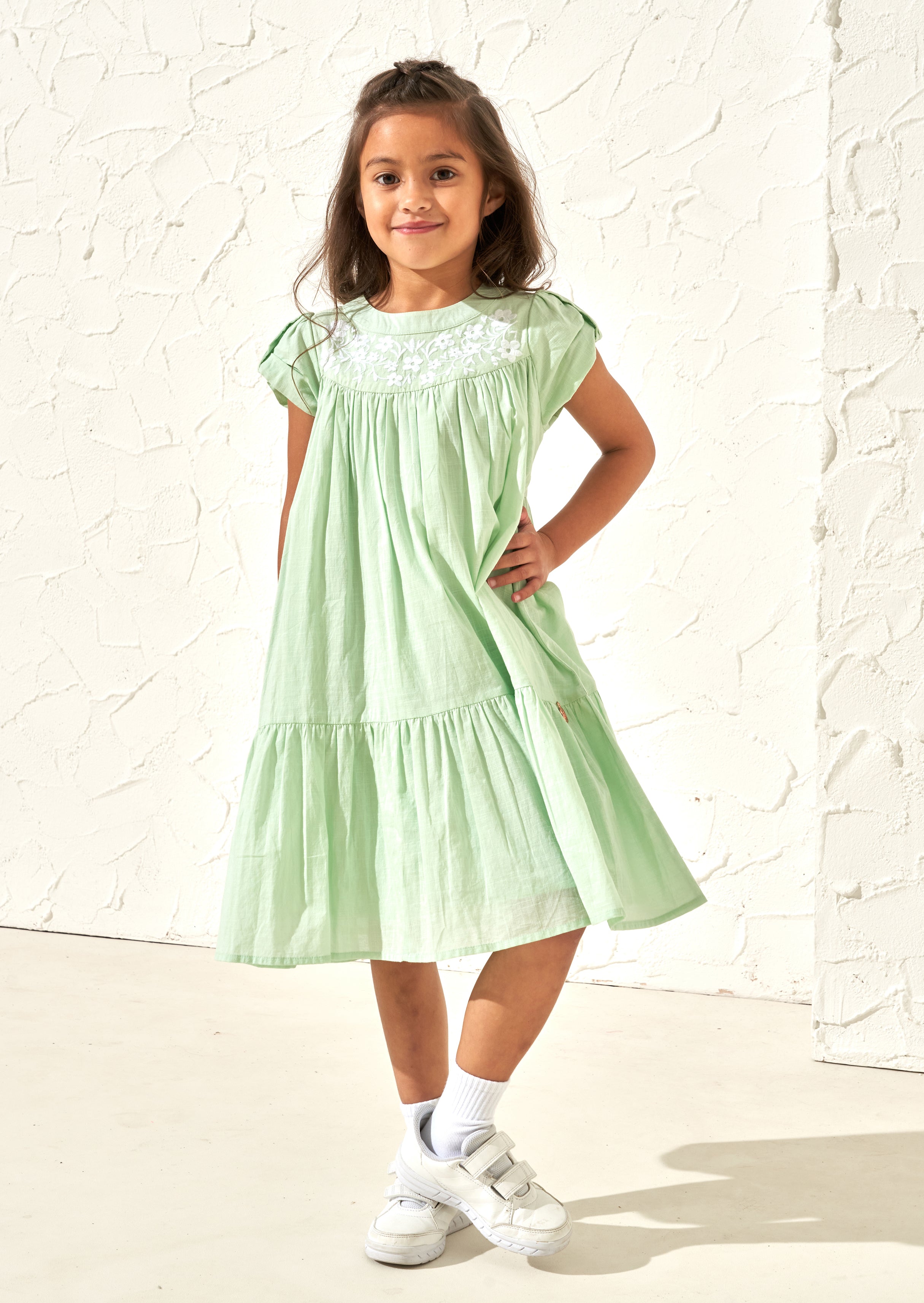 Girls Casual Green Dress with Embroidered Yolk