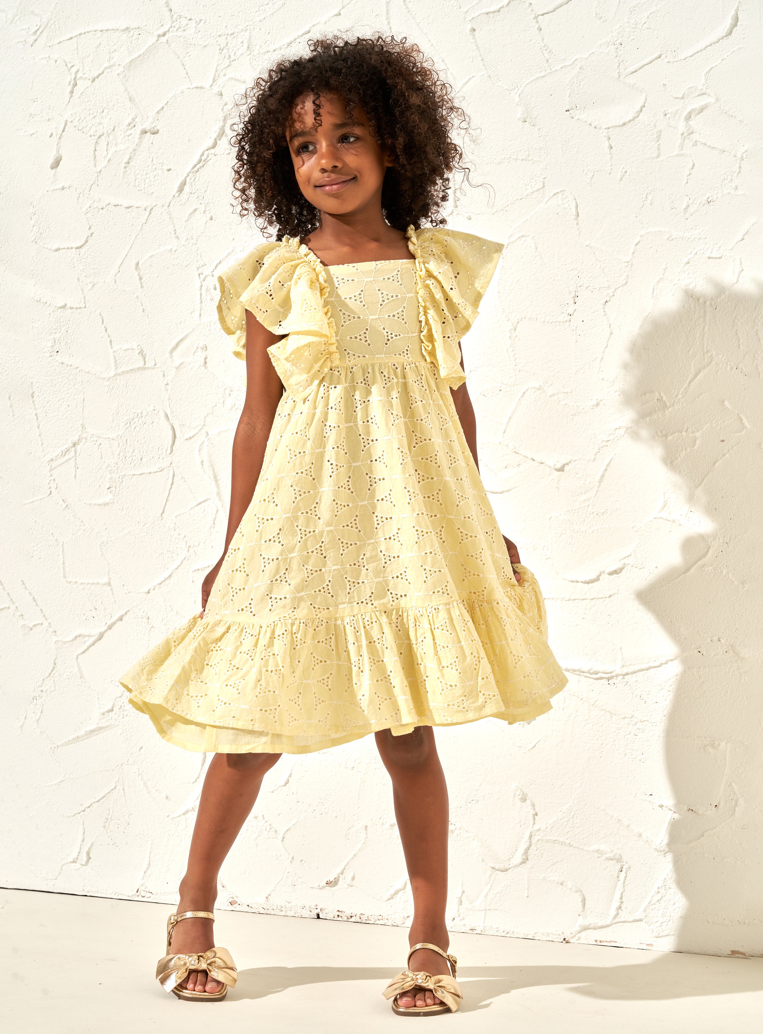 Girls Allover Embroidered Cotton Casual Yellow Dress