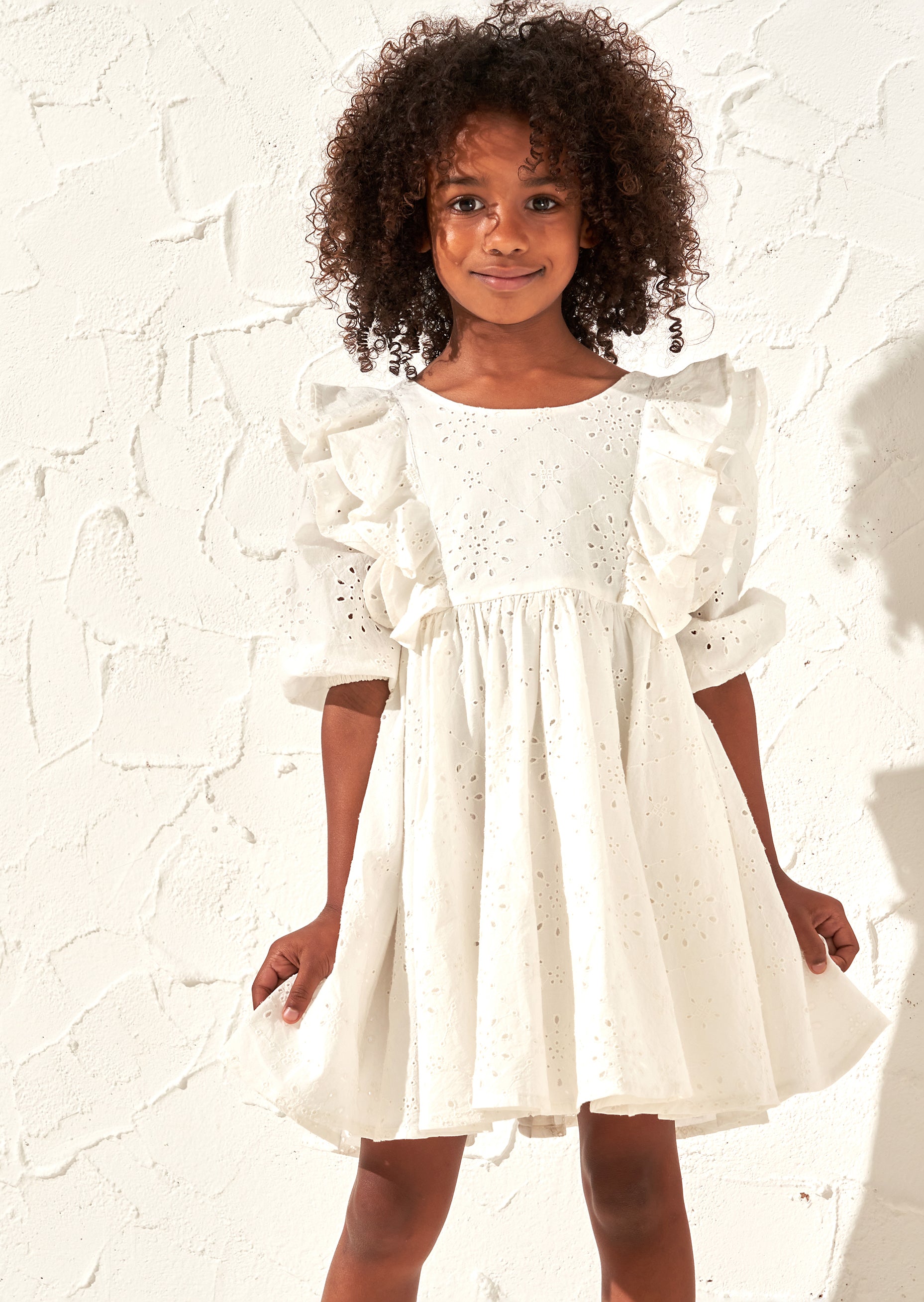 Girls Allover Embroidered Ruffle White Dress