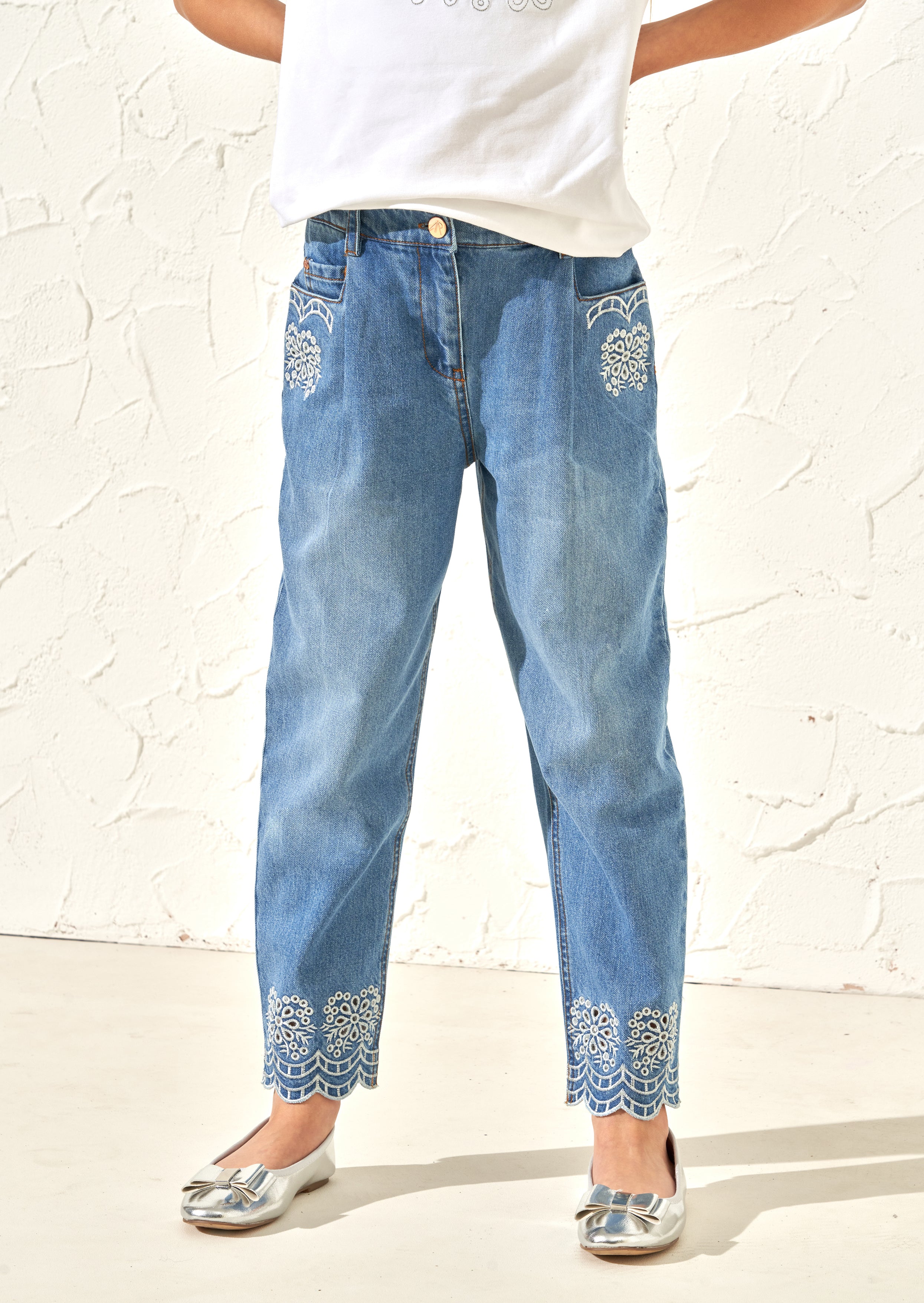 Girls Embroidered Casual Blue Denim Pants