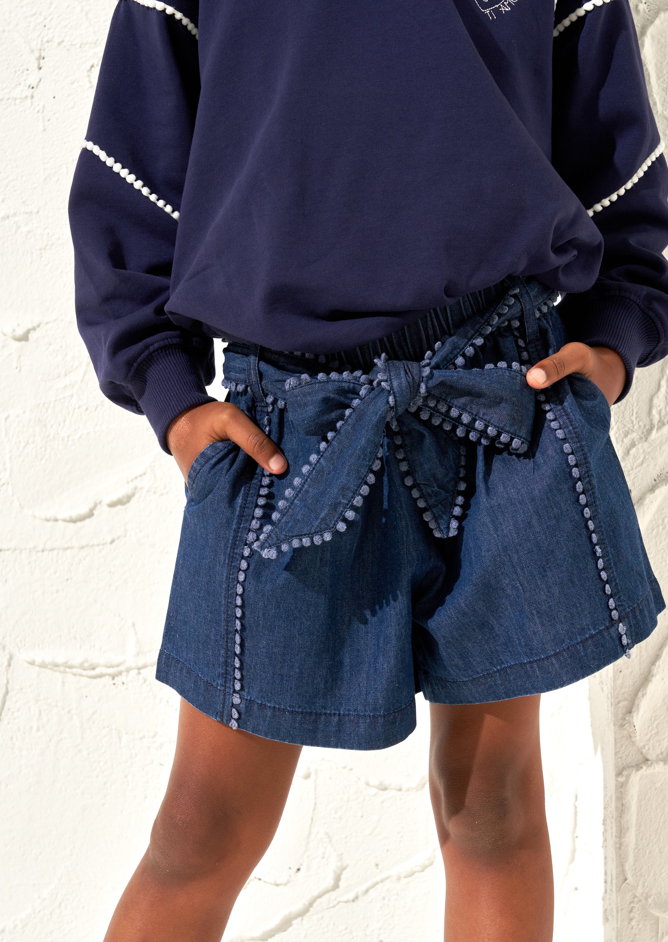Girls Solid Blue Denim Shorts with Tie Waist