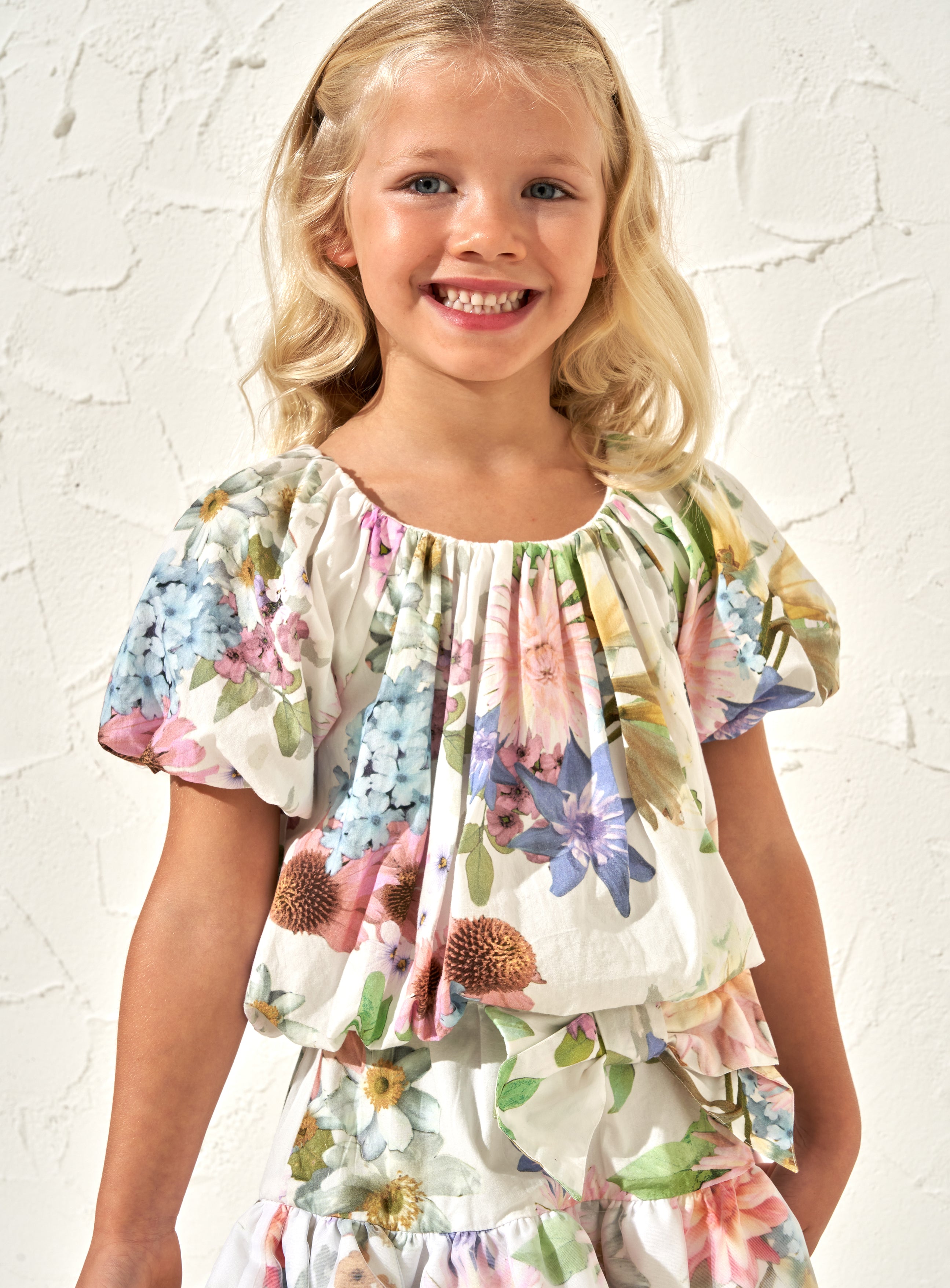 Girls Floral Printed Beige Cotton Top with Puff Sleeves