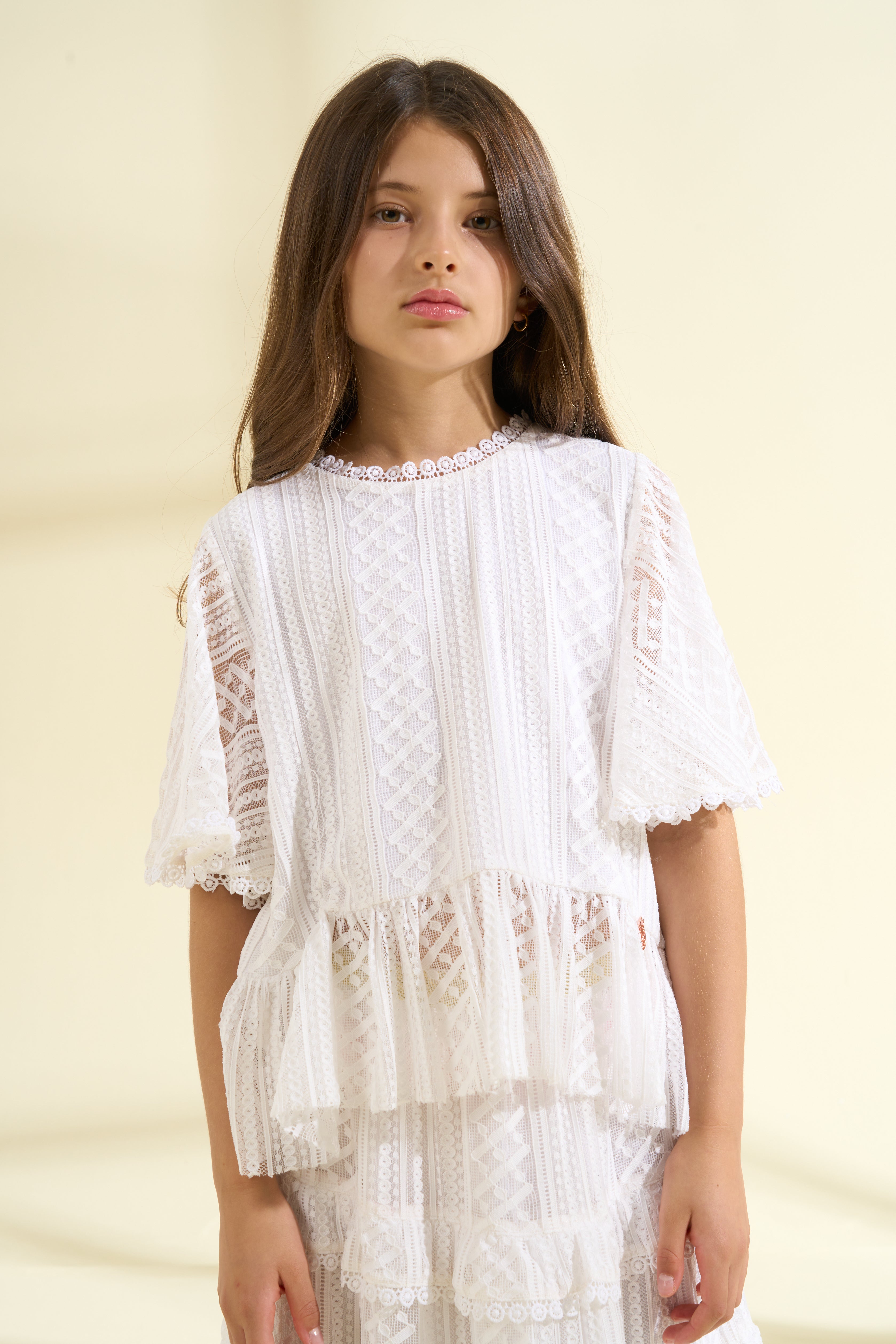 Girls Embroidered Beige Top with Butterfly Sleeves