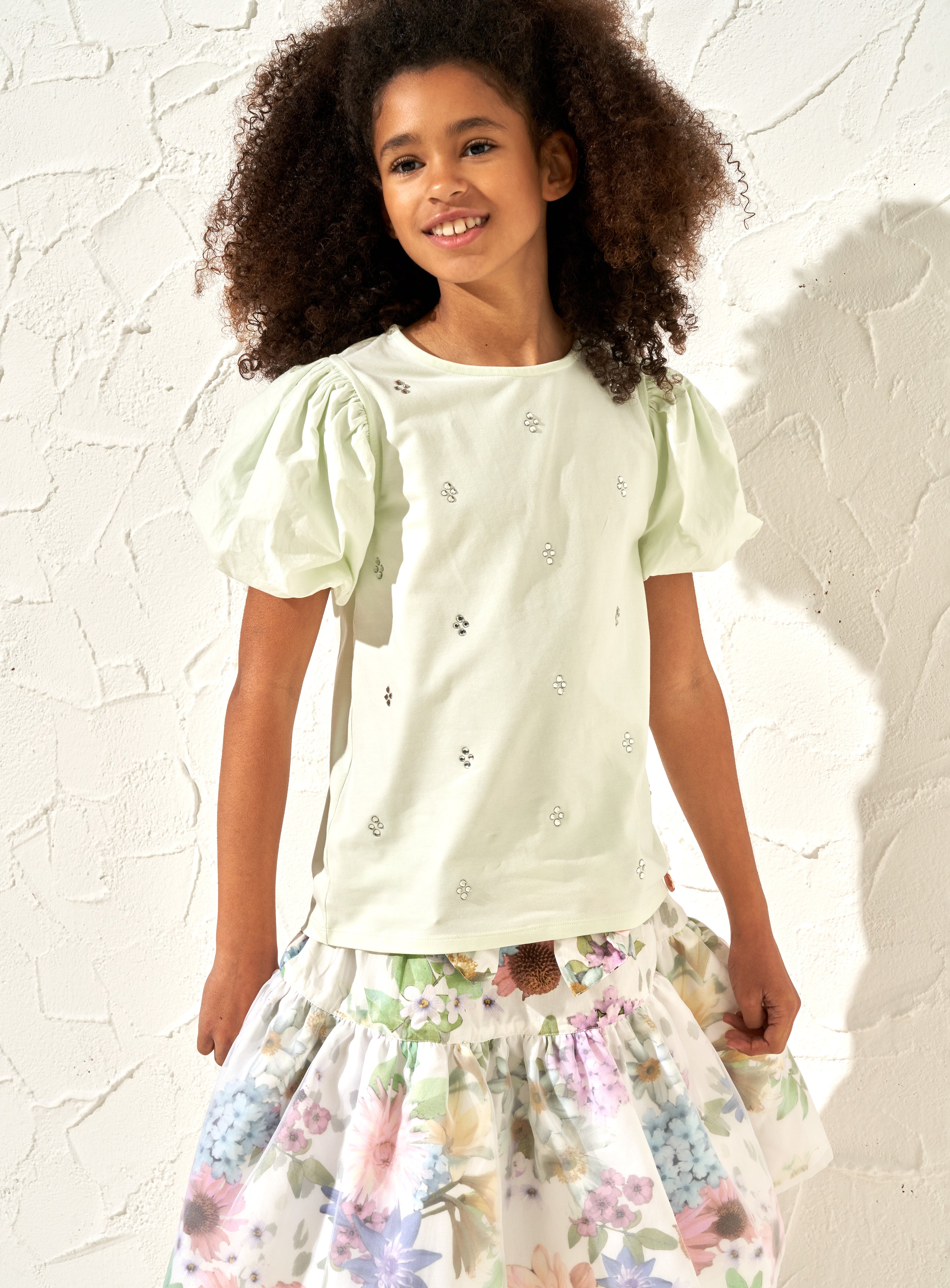 Girls Self Textured Cotton Green Top with Puff Sleeves