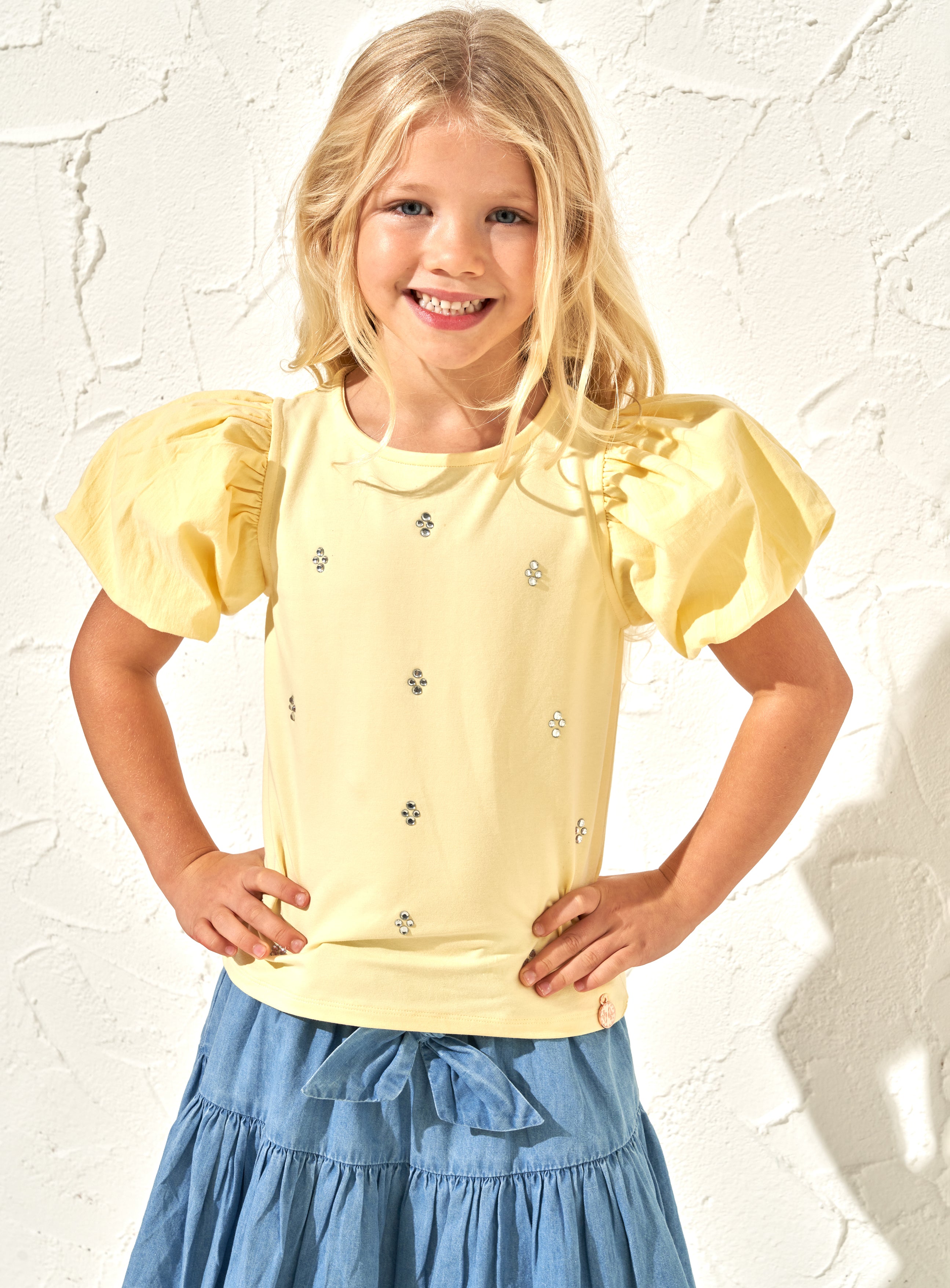 Girls Self Textured Cotton Yellow Top with Puff Sleeves