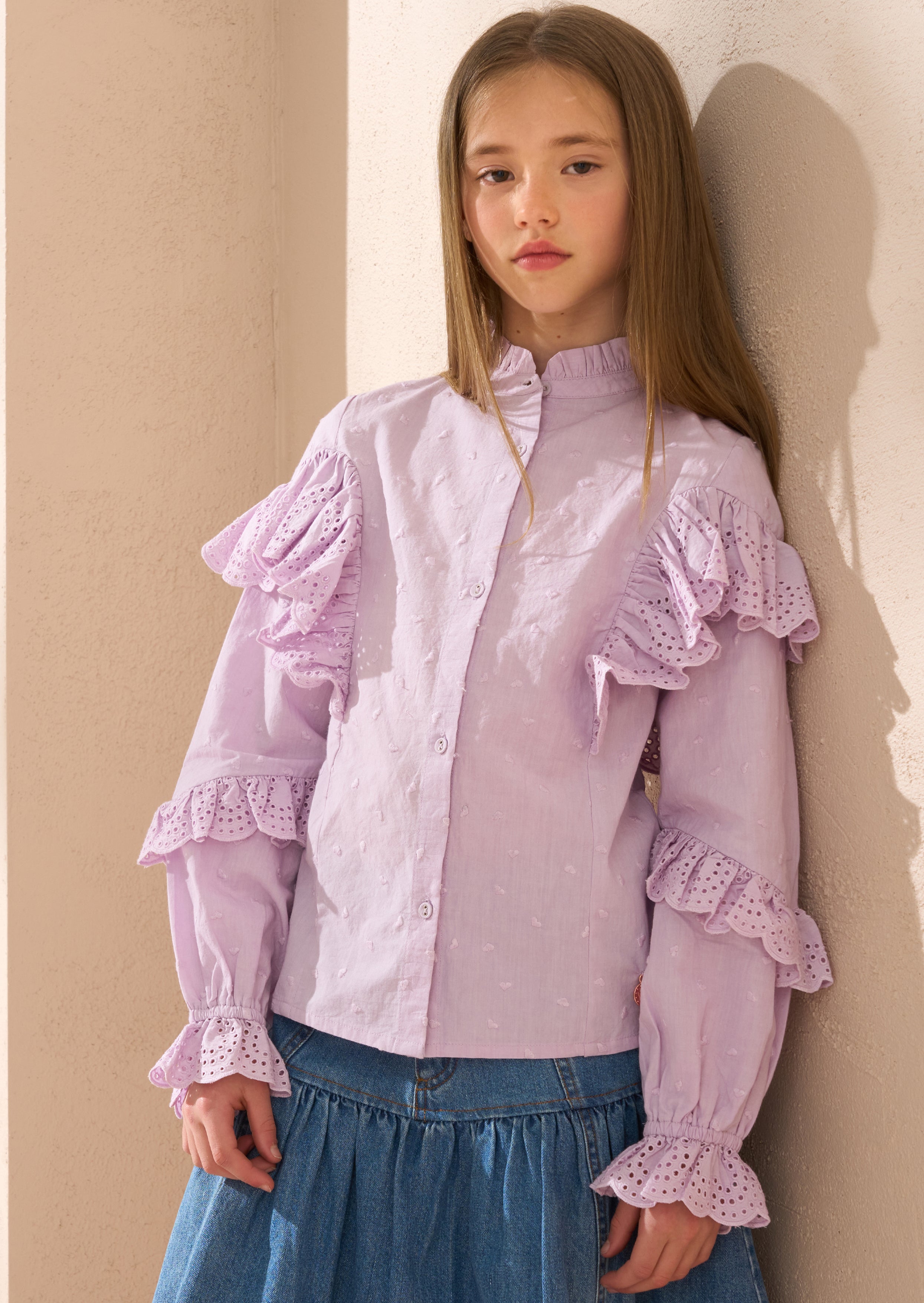 Lea Purple Broderie Frill Woven Top