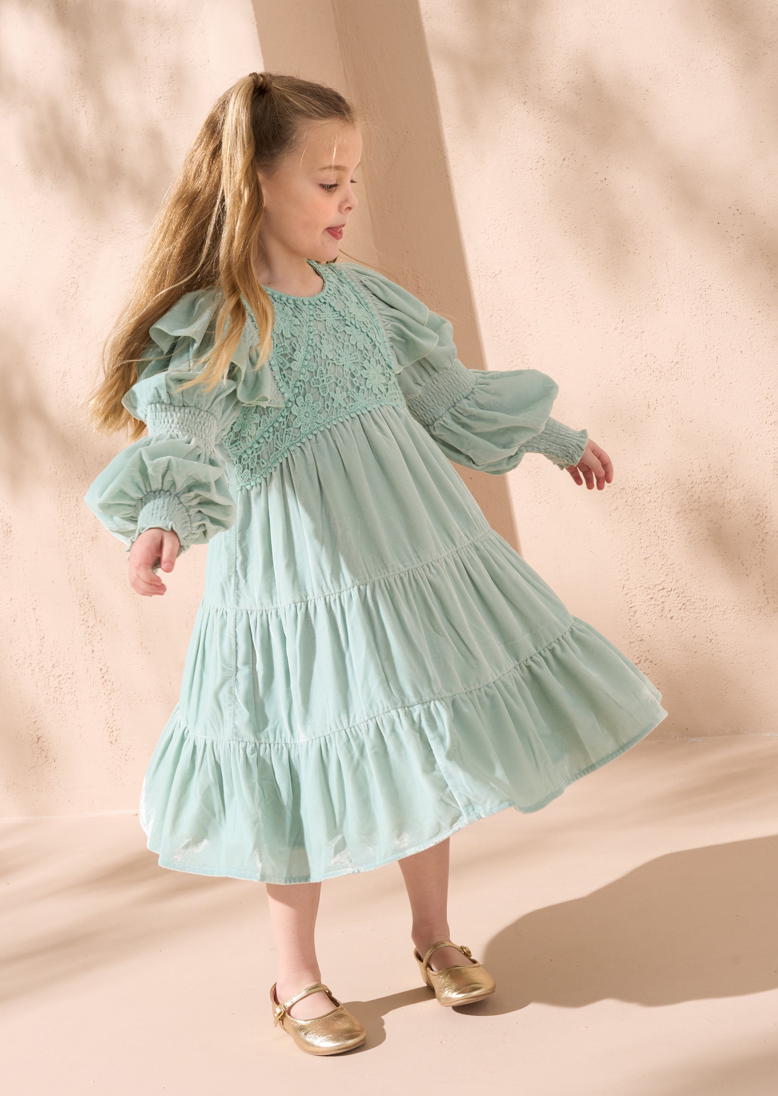 Sofia Green Velvet Tiered Dress