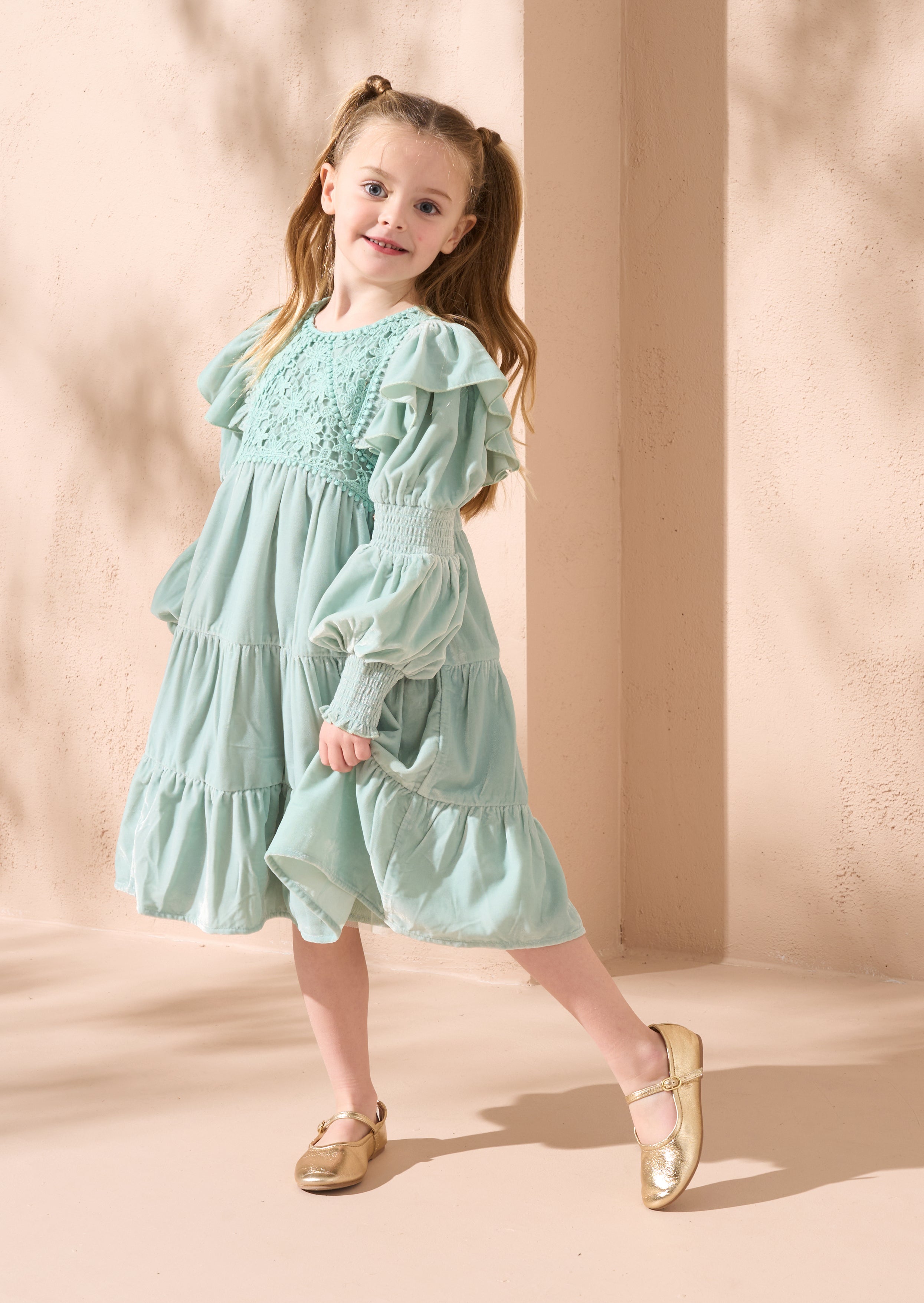 Sofia Green Velvet Tiered Dress