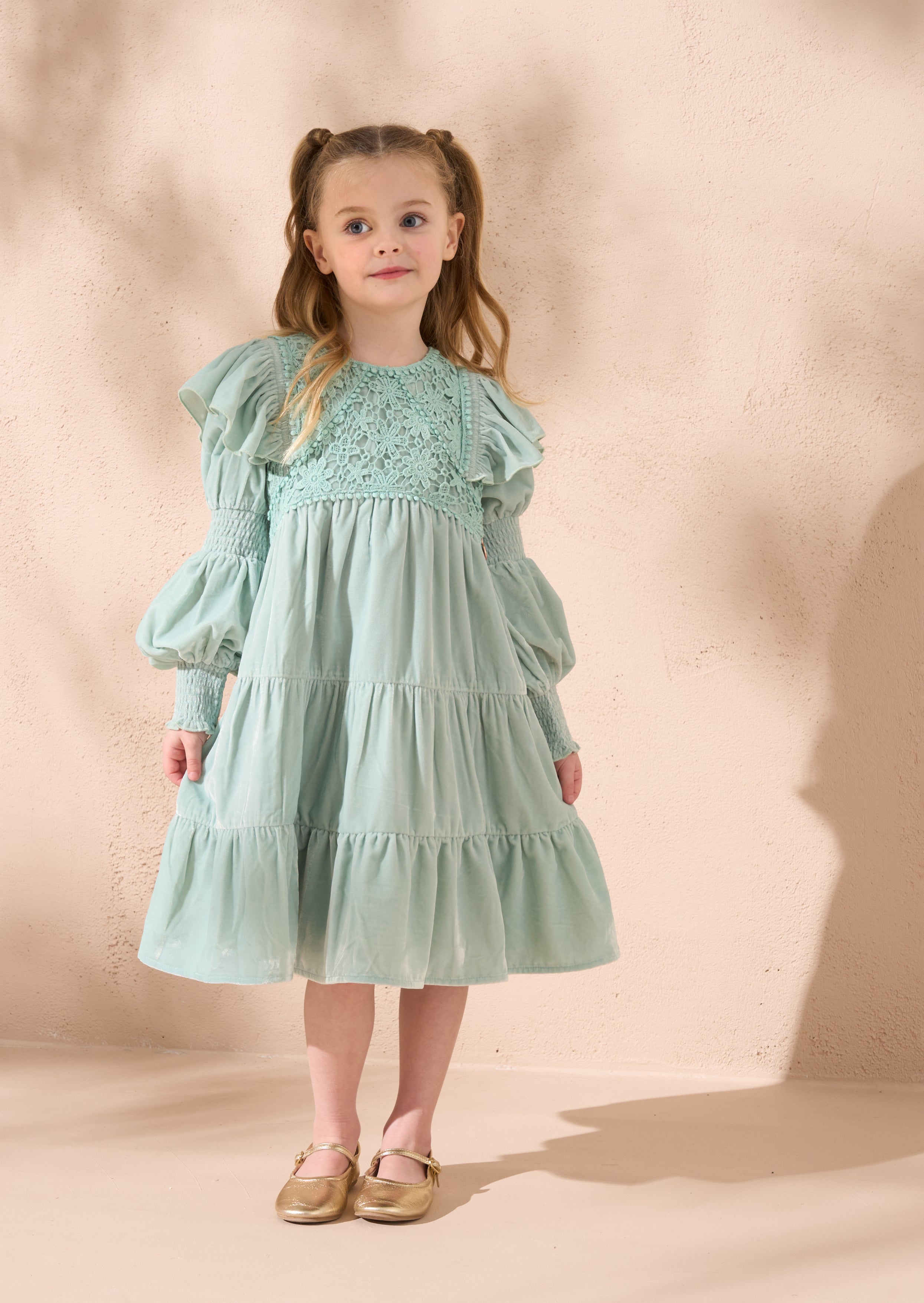 Sofia Green Velvet Tiered Dress