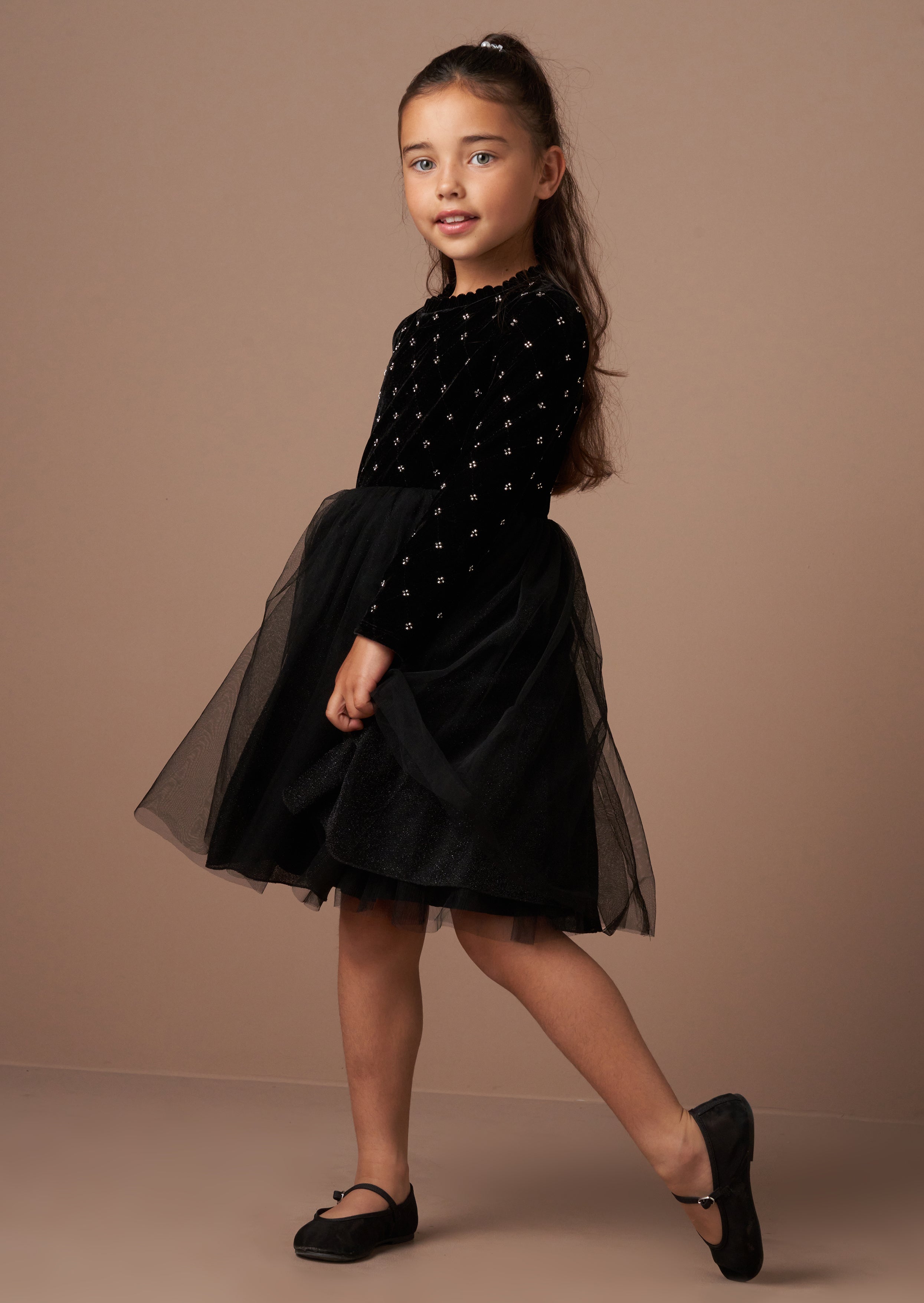 Elsie Black Beaded Velvet Tuelle Dress