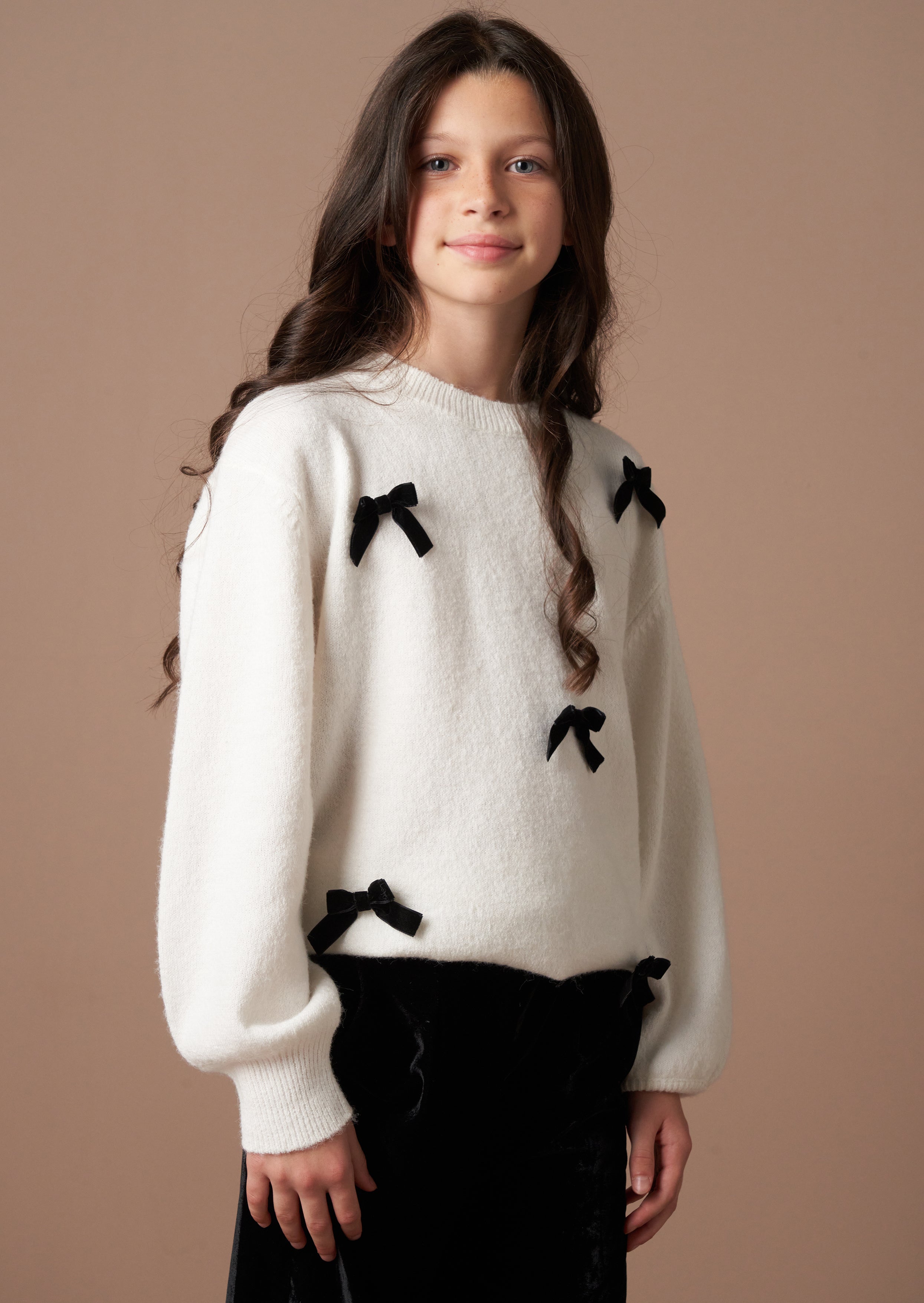 Mia Ivory Velvet Bow Fluffy Jumper