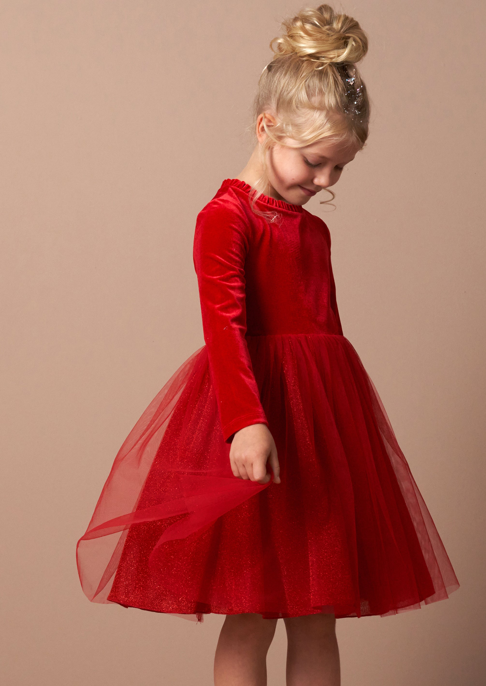 Elsie Red Velvet Tuelle Dress