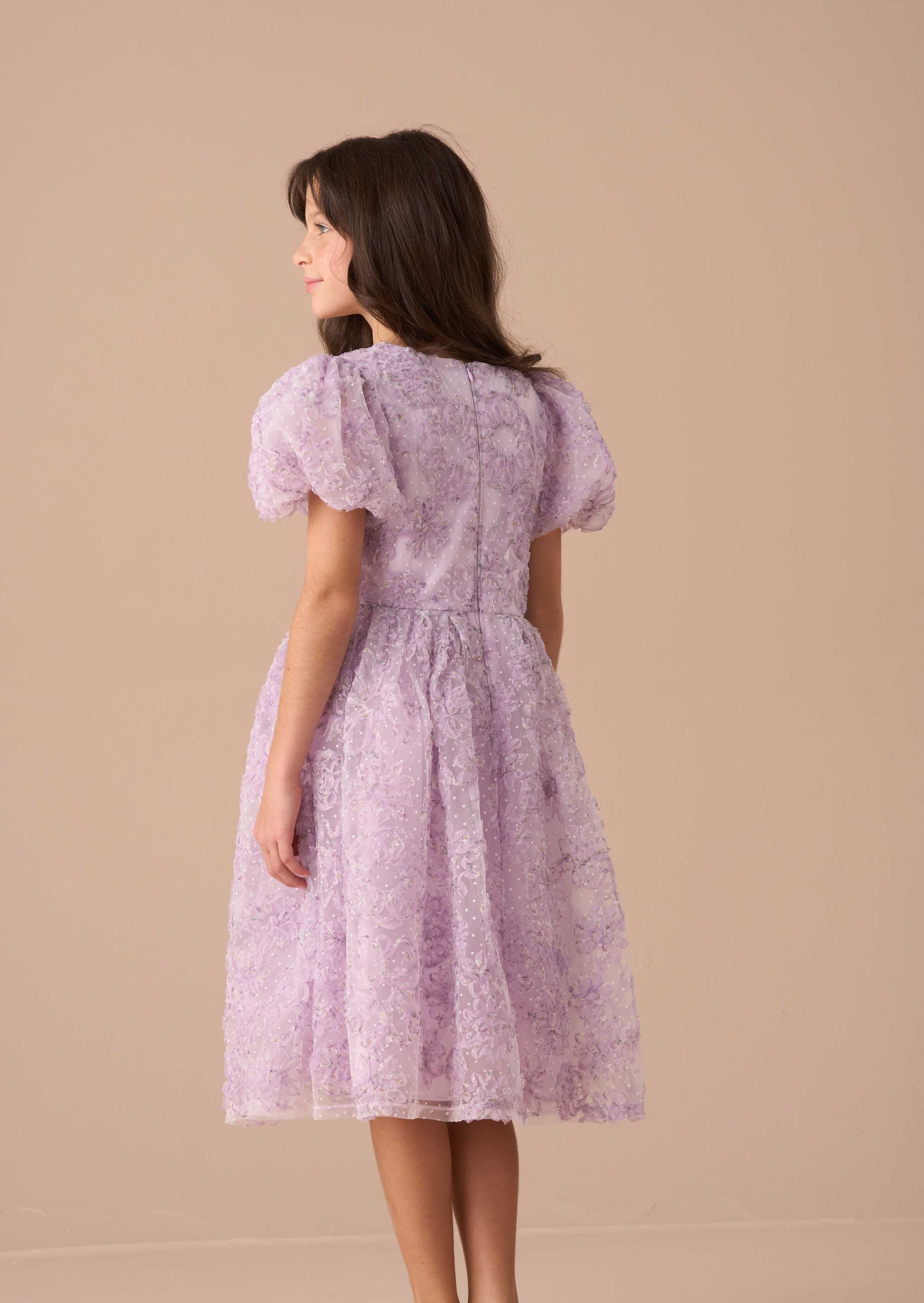 Ines Purple Embellished Puff Sleeve Dress