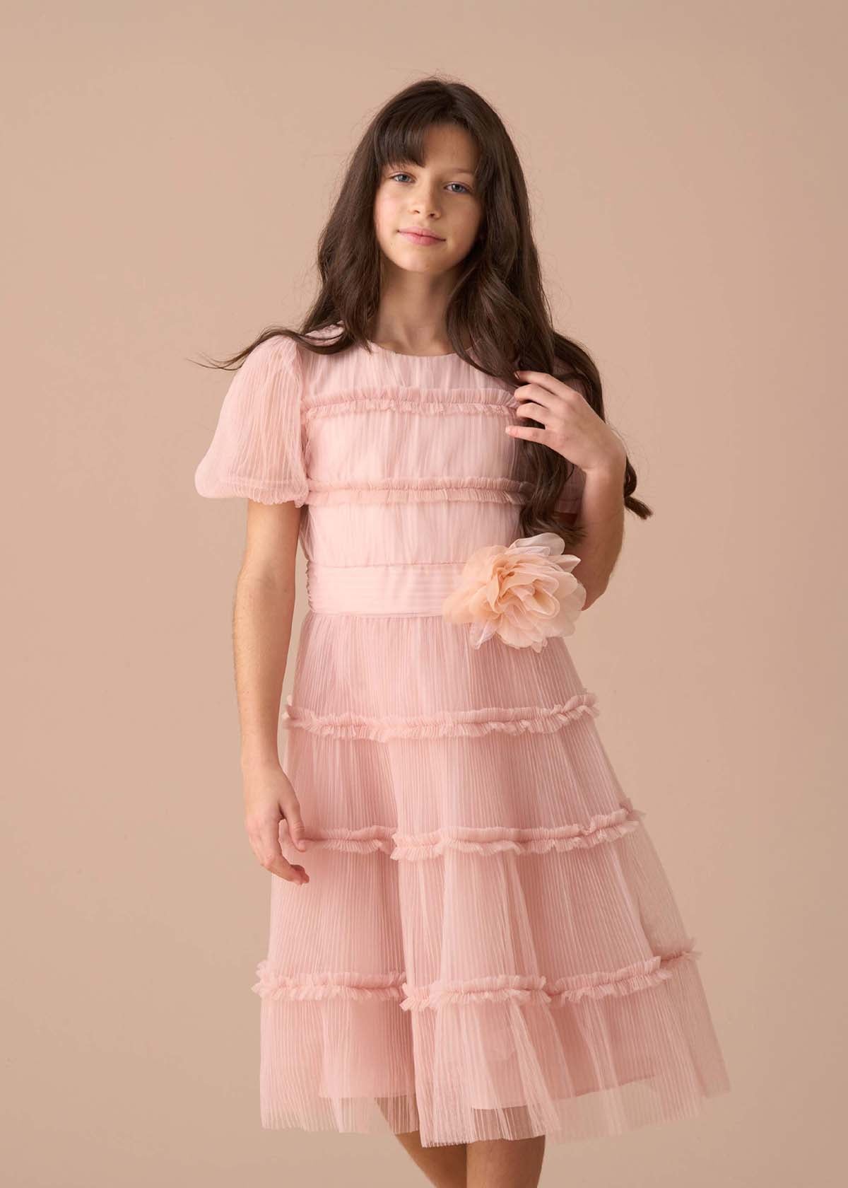 Clara Pink Pleated Mesh Corsage Dress