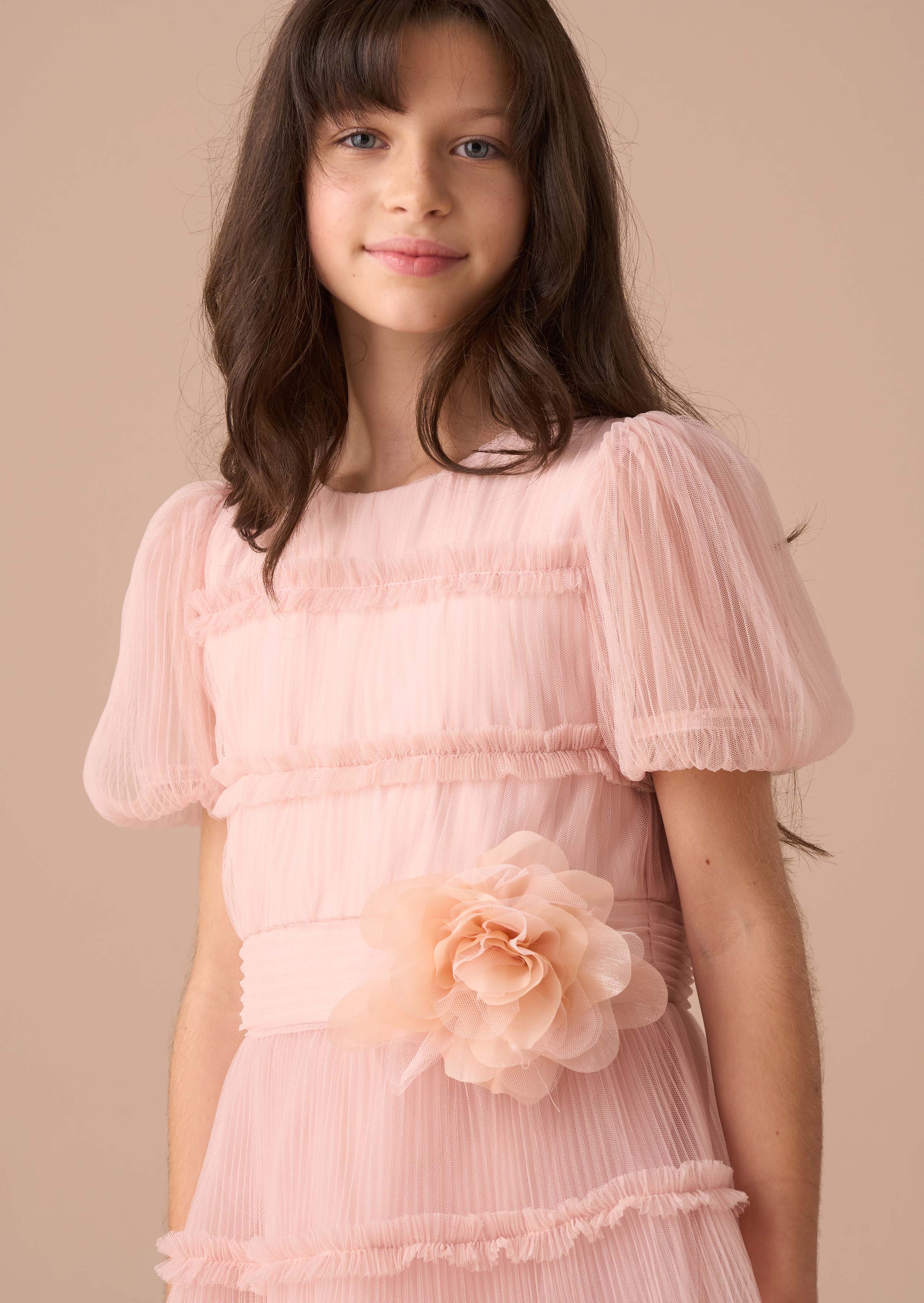 Clara Pink Pleated Mesh Corsage Dress